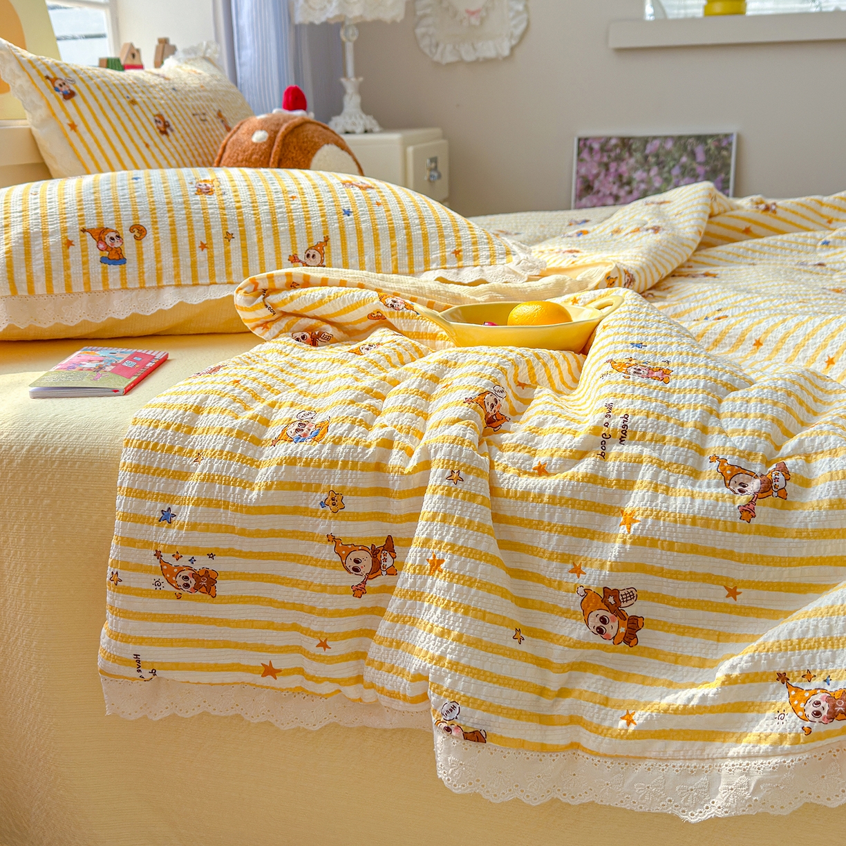 91家纺网 家纺一手货源 找家纺 弗苓家纺 2026新款高克重泡芙棉花边款夏被夏凉被空调被四件套小红书推荐-风格一 条纹星