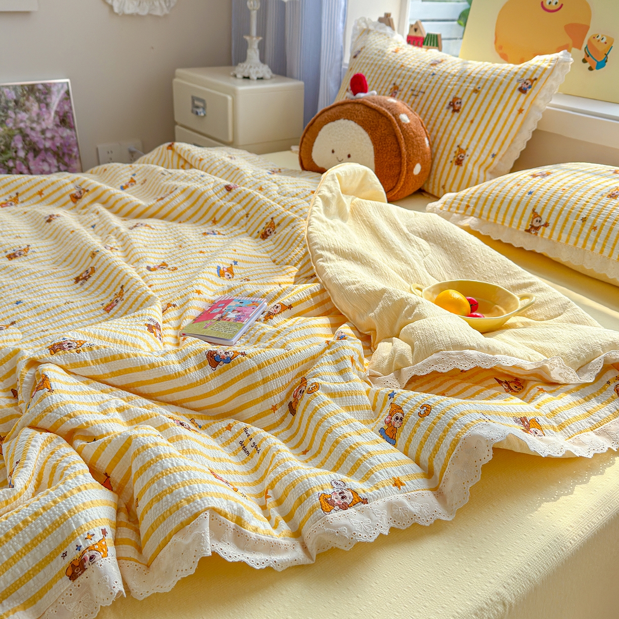 91家纺网 家纺一手货源 找家纺 弗苓家纺 2026新款高克重泡芙棉花边款夏被夏凉被空调被四件套小红书推荐-风格一 条纹星