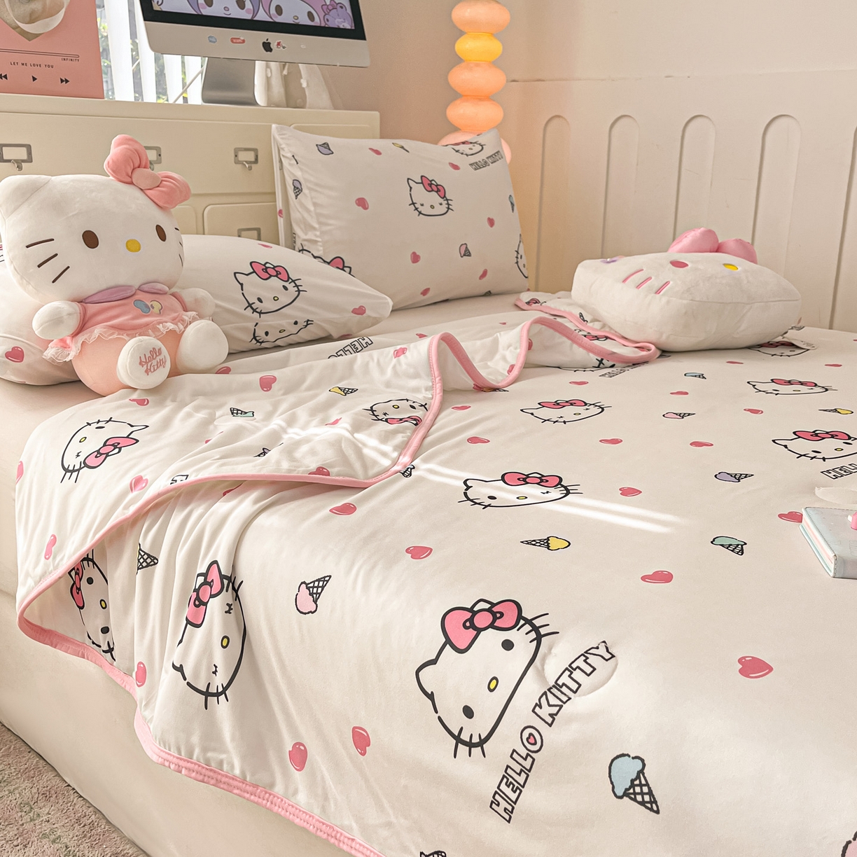 91家纺网 家纺一手货源 找家纺 暮思家居 2026新款正版授权三丽鸥A类仿锦氨小冰皮夏被夏凉被空调被 小冰皮-甜筒KT-白