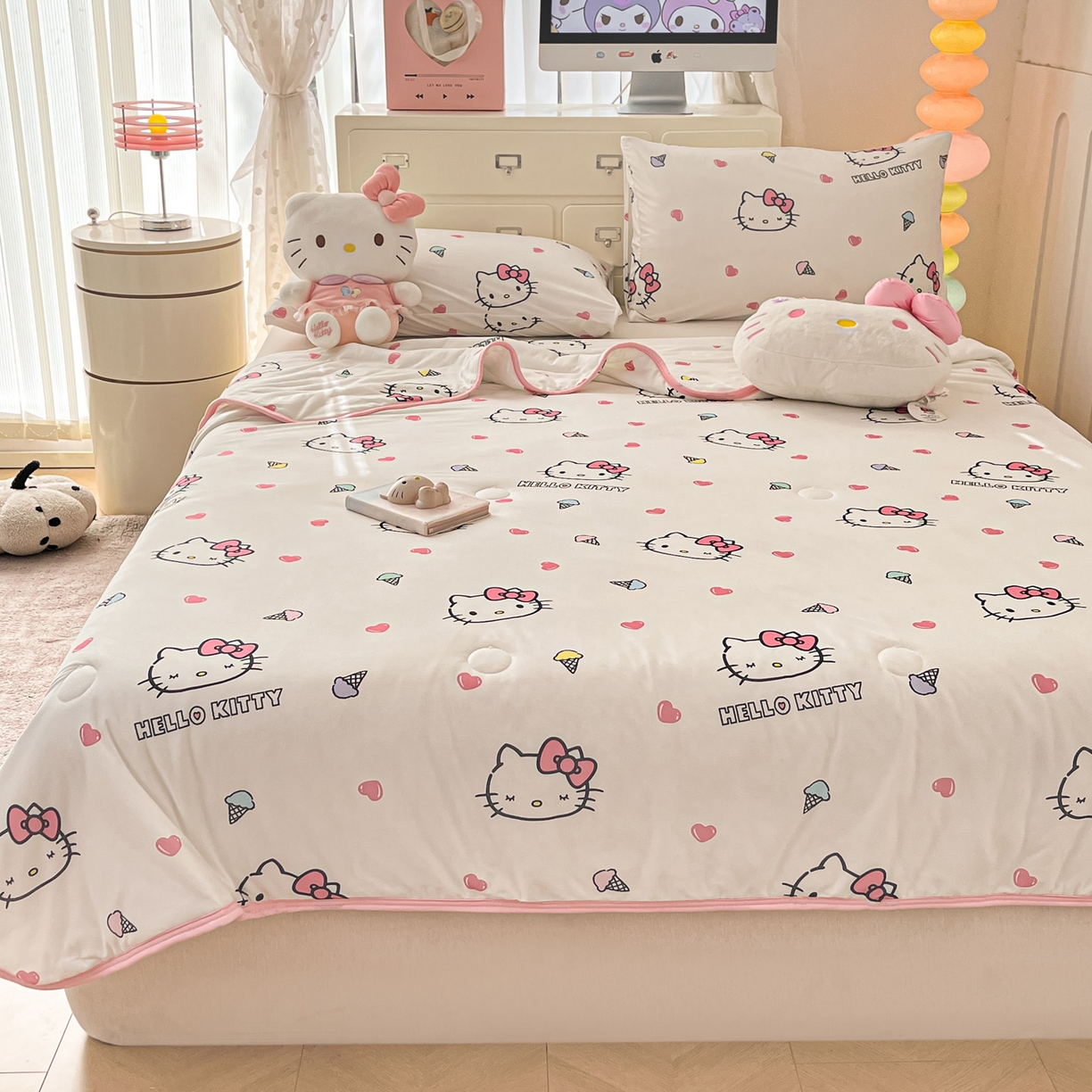 91家纺网 家纺一手货源 找家纺 暮思家居 2026新款正版授权三丽鸥A类仿锦氨小冰皮夏被夏凉被空调被 小冰皮-甜筒KT-白