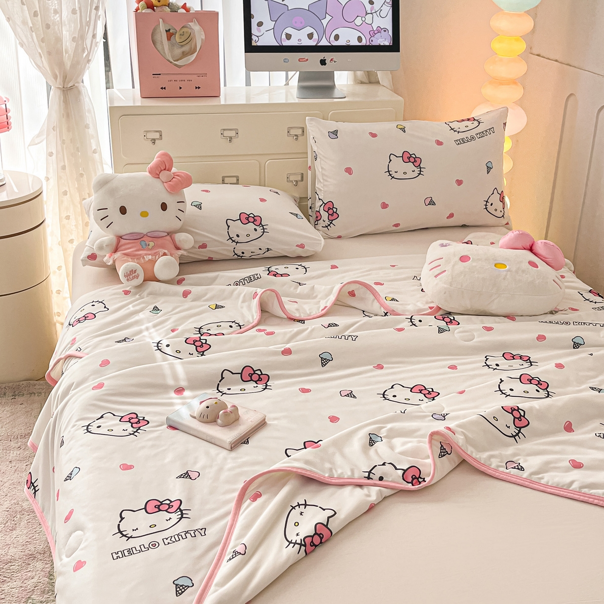 91家纺网 家纺一手货源 找家纺 暮思家居 2026新款正版授权三丽鸥A类仿锦氨小冰皮夏被夏凉被空调被 小冰皮-甜筒KT-白