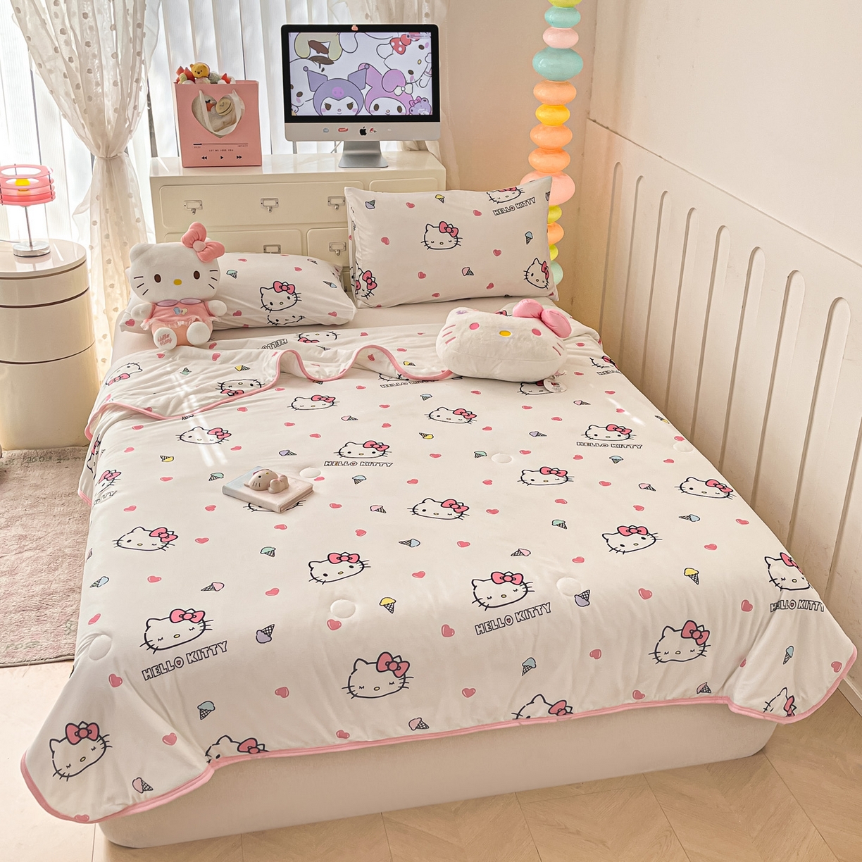 91家纺网 家纺一手货源 找家纺 暮思家居 2026新款正版授权三丽鸥A类仿锦氨小冰皮夏被夏凉被空调被 小冰皮-甜筒KT-白