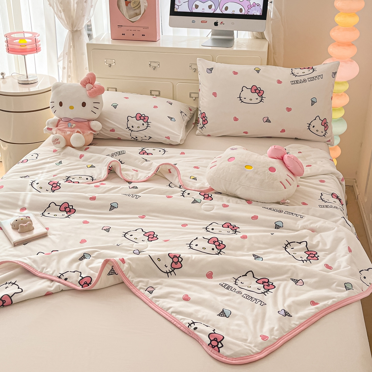 91家纺网 家纺一手货源 找家纺 暮思家居 2026新款正版授权三丽鸥A类仿锦氨小冰皮夏被夏凉被空调被 小冰皮-甜筒KT-白