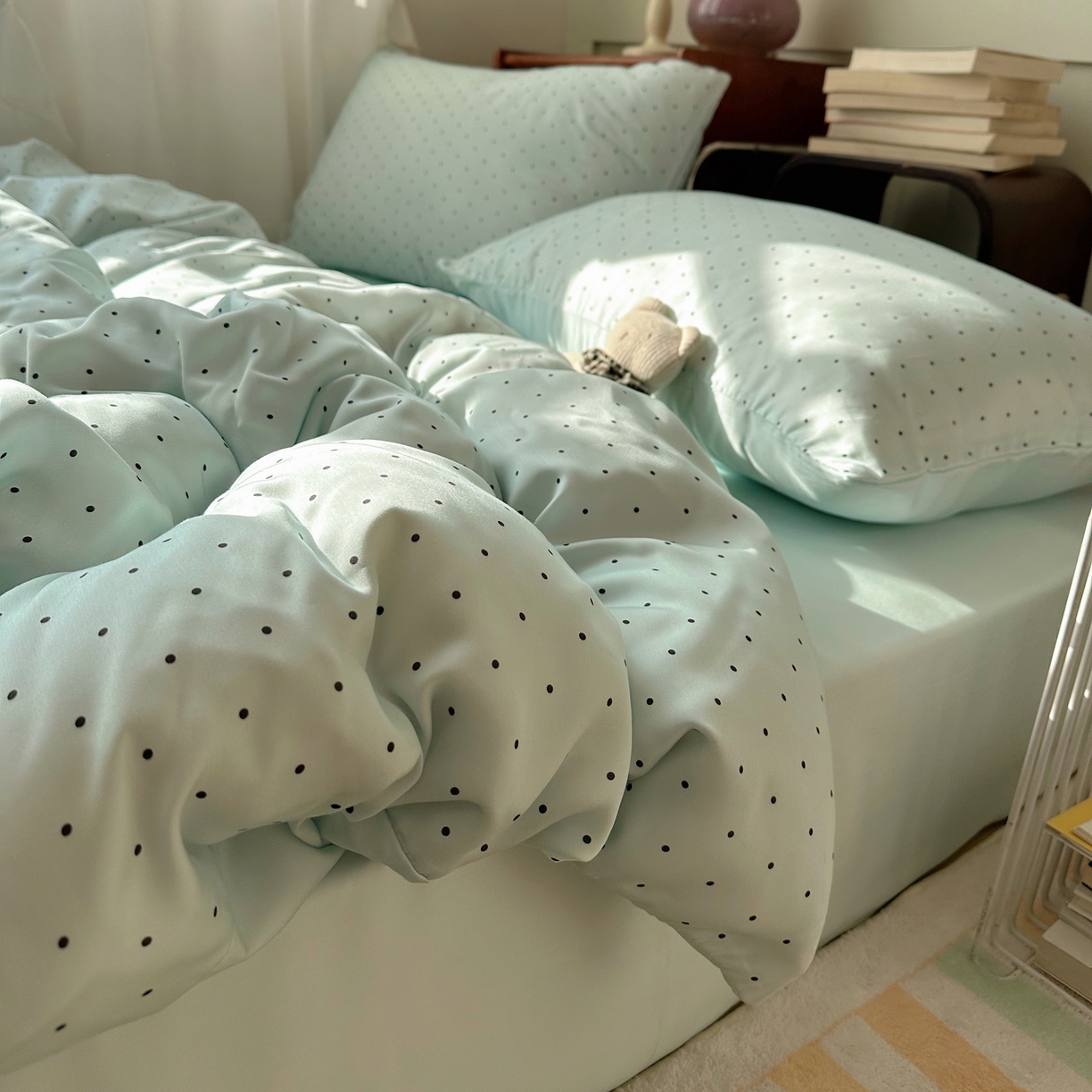 91家纺网 家纺一手货源 找家纺 悦织湾家纺 2026新款亲肤冰丝印花四件套春夏冰爽凉感床上用品三四件套学生宿舍 冰丝-青雾波点