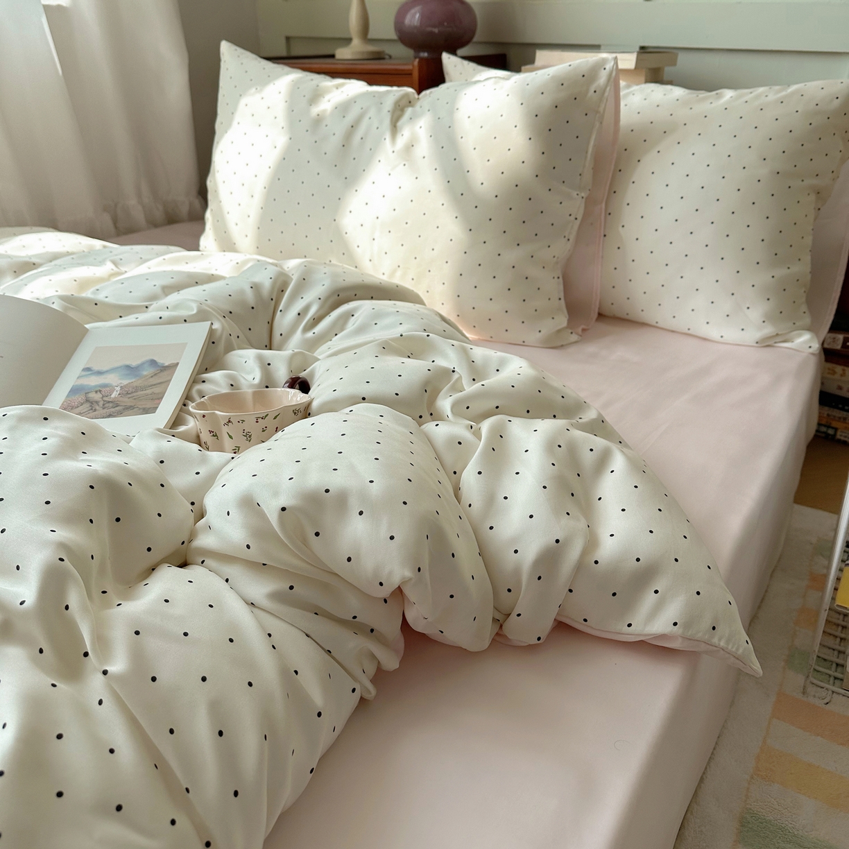 91家纺网 家纺一手货源 找家纺 悦织湾家纺 2026新款亲肤冰丝印花四件套春夏冰爽凉感床上用品三四件套学生宿舍 冰丝-奶油粉波点