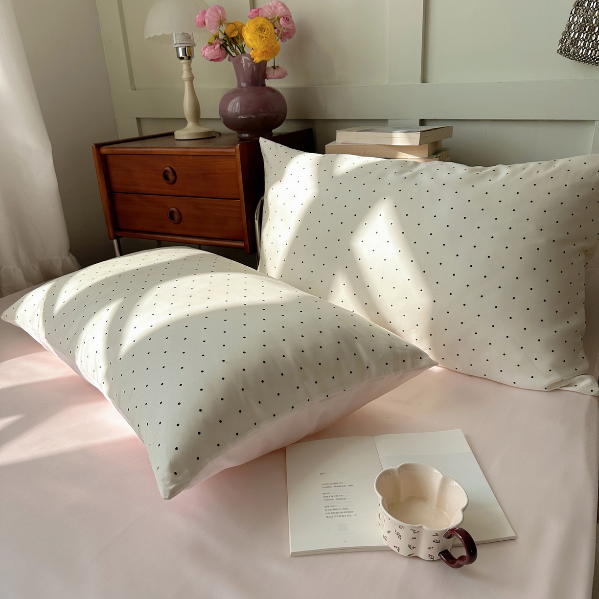 91家纺网 家纺一手货源 找家纺 悦织湾家纺 2026新款亲肤冰丝印花四件套春夏冰爽凉感床上用品三四件套学生宿舍 冰丝-奶油粉波点