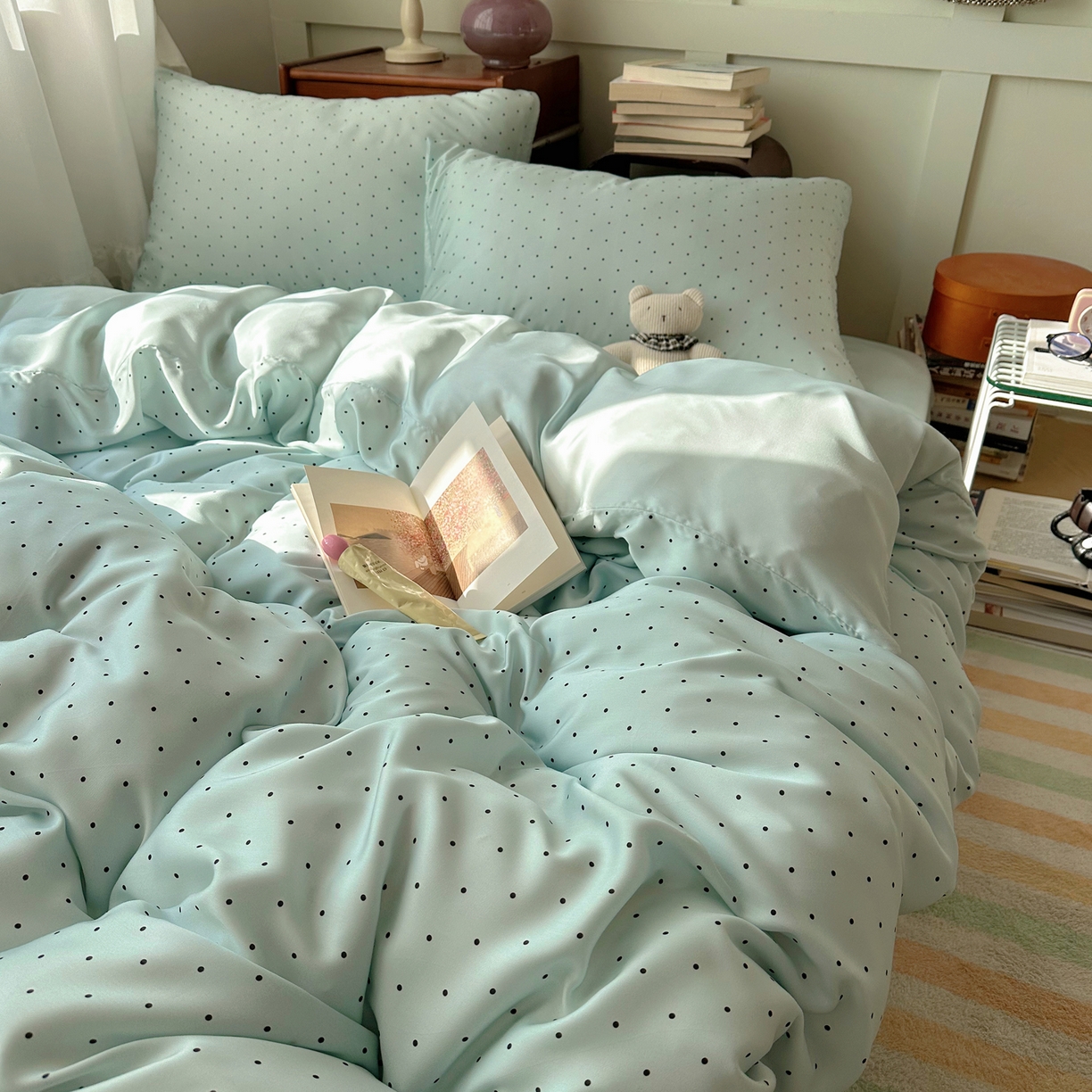 91家纺网 家纺一手货源 找家纺 悦织湾家纺 2026新款亲肤冰丝印花四件套春夏冰爽凉感床上用品三四件套学生宿舍 冰丝-青雾波点