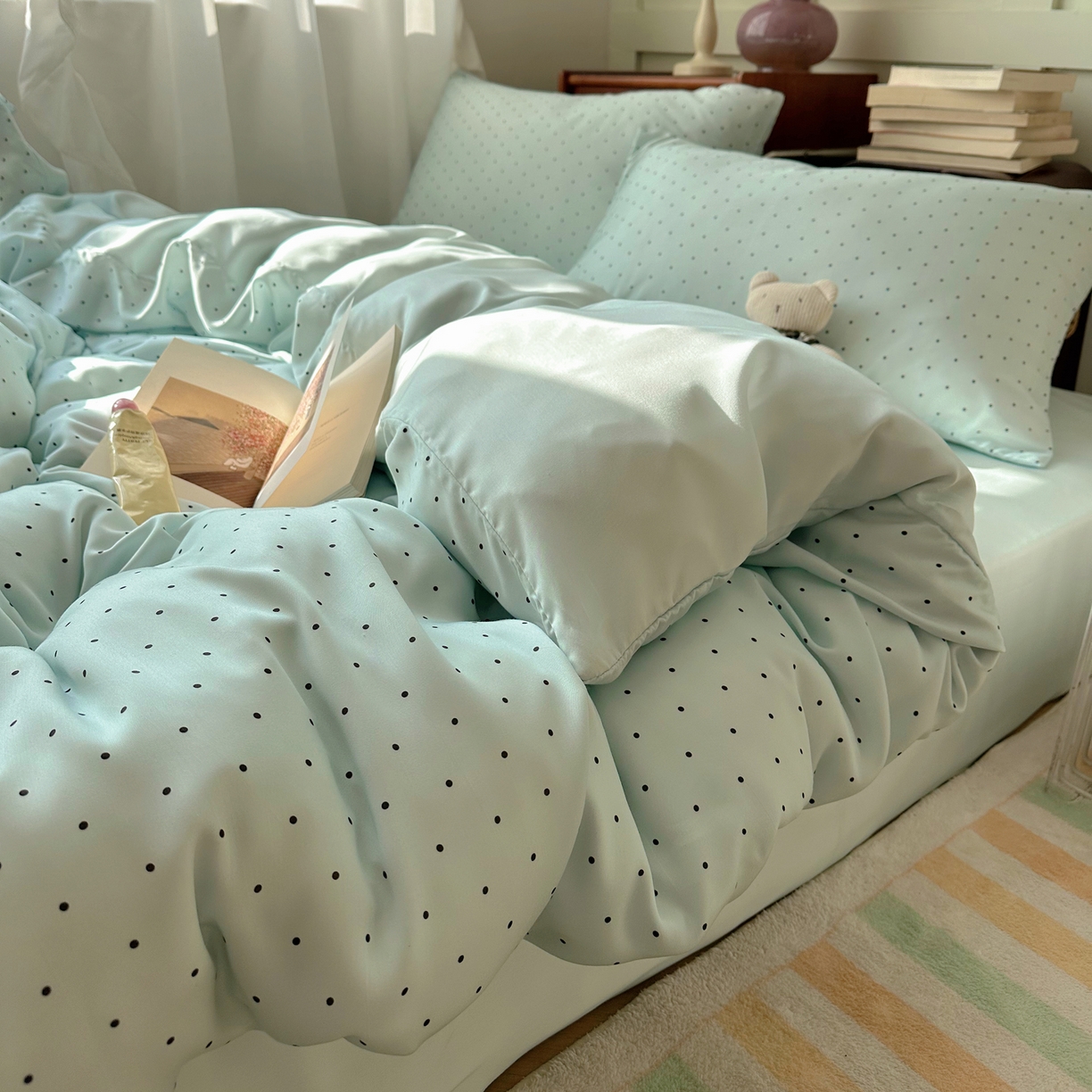 91家纺网 家纺一手货源 找家纺 悦织湾家纺 2026新款亲肤冰丝印花四件套春夏冰爽凉感床上用品三四件套学生宿舍 冰丝-青雾波点