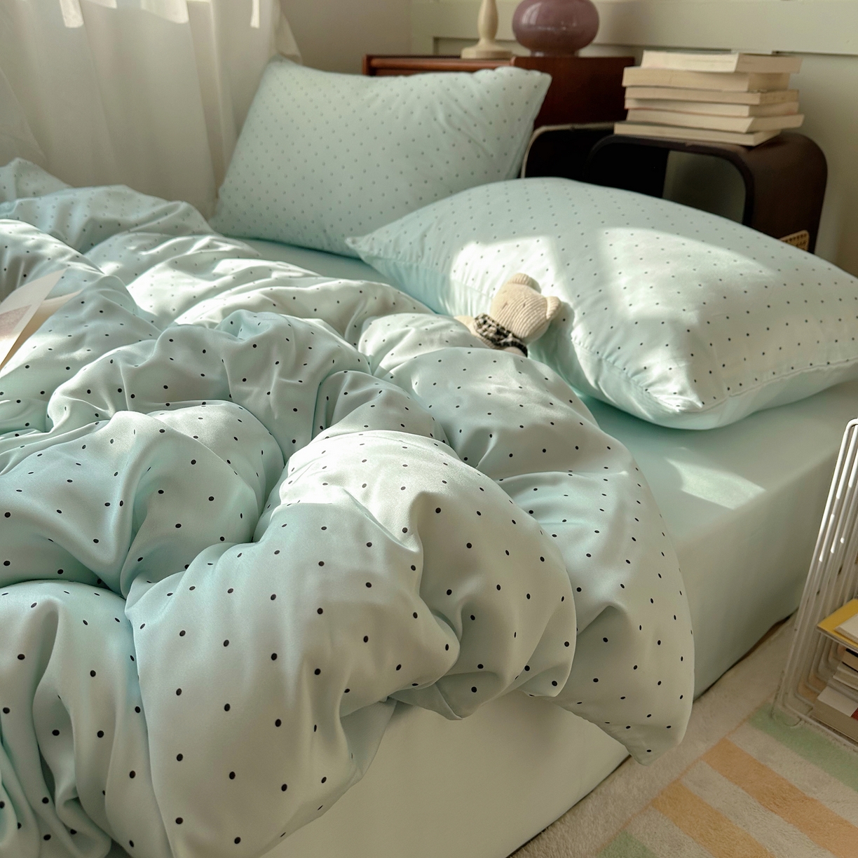 91家纺网 家纺一手货源 找家纺 悦织湾家纺 2026新款亲肤冰丝印花四件套春夏冰爽凉感床上用品三四件套学生宿舍 冰丝-青雾波点