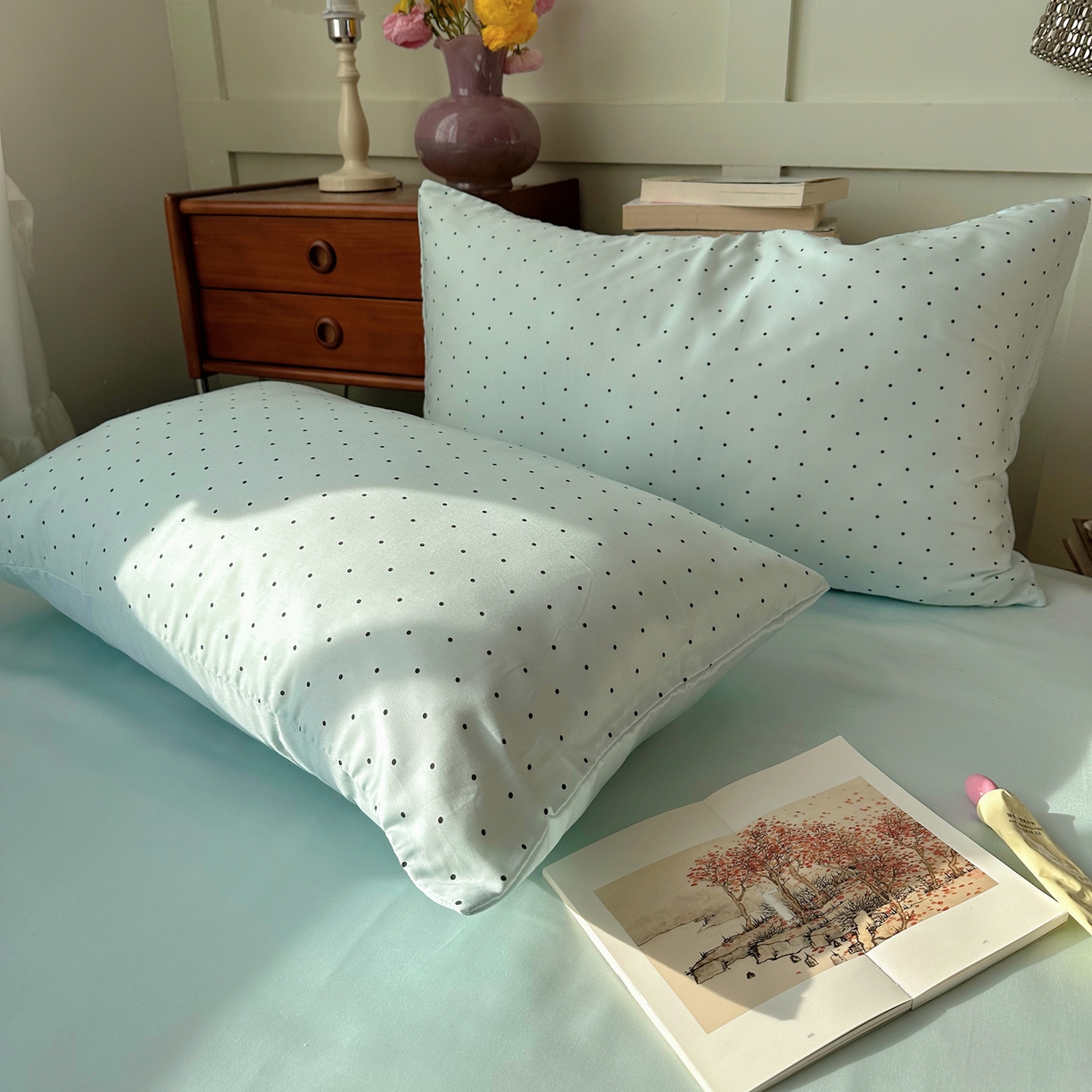 91家纺网 家纺一手货源 找家纺 悦织湾家纺 2026新款亲肤冰丝印花四件套春夏冰爽凉感床上用品三四件套学生宿舍 冰丝-青雾波点