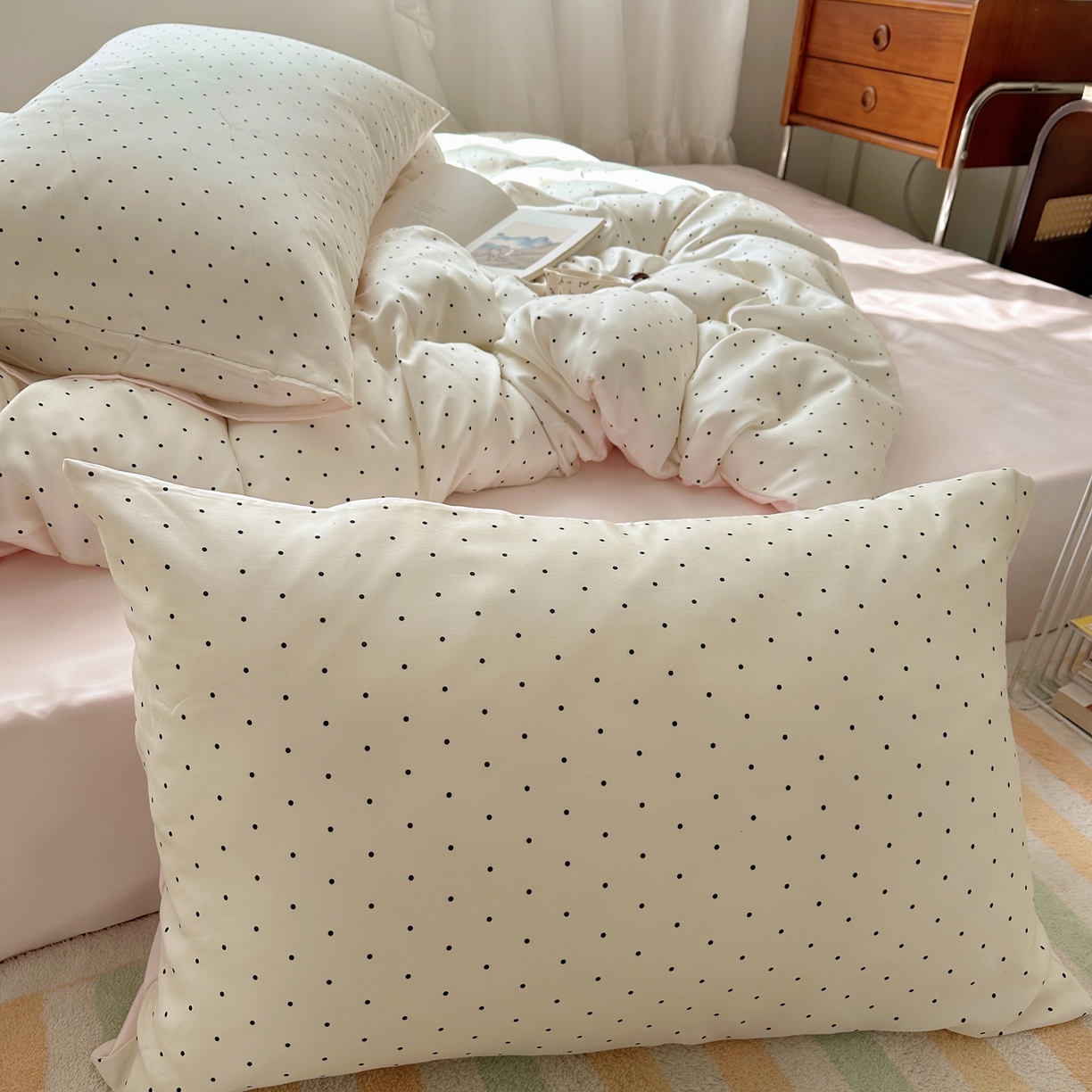 91家纺网 家纺一手货源 找家纺 悦织湾家纺 2026新款亲肤冰丝印花四件套春夏冰爽凉感床上用品三四件套学生宿舍 冰丝-奶油粉波点