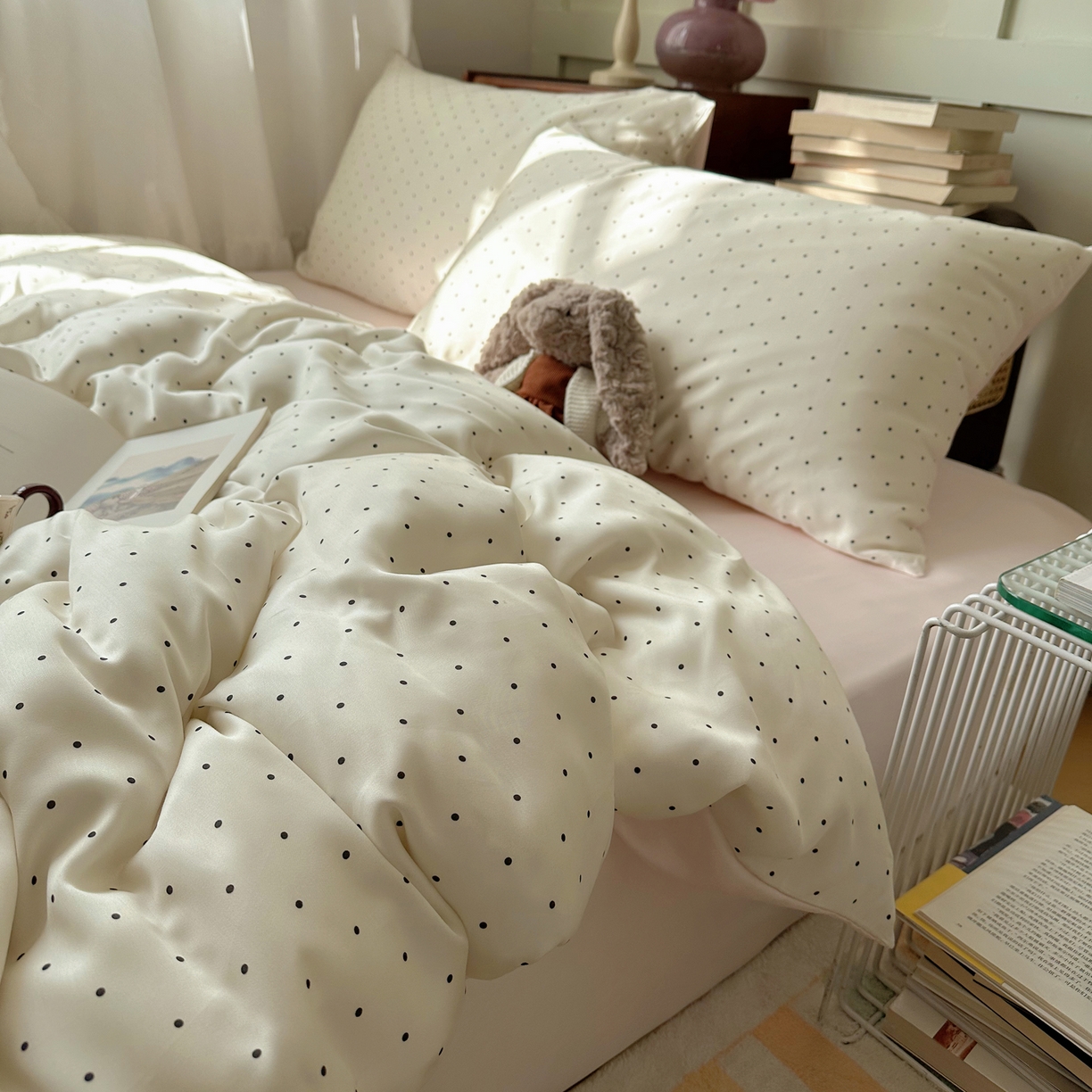 91家纺网 家纺一手货源 找家纺 悦织湾家纺 2026新款亲肤冰丝印花四件套春夏冰爽凉感床上用品三四件套学生宿舍 冰丝-奶油粉波点