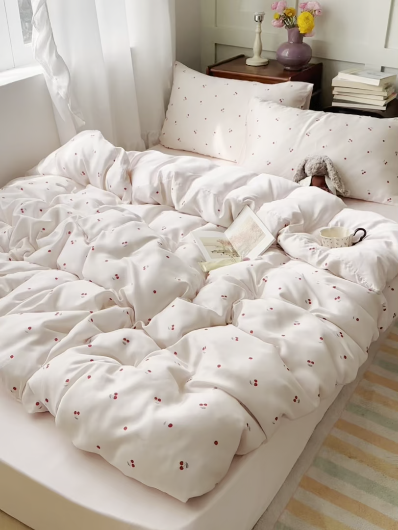 91家纺网 家纺一手货源 找家纺 悦织湾家纺 2026新款亲肤冰丝印花四件套春夏冰爽凉感床上用品三四件套学生宿舍 冰丝-甜粉小樱桃