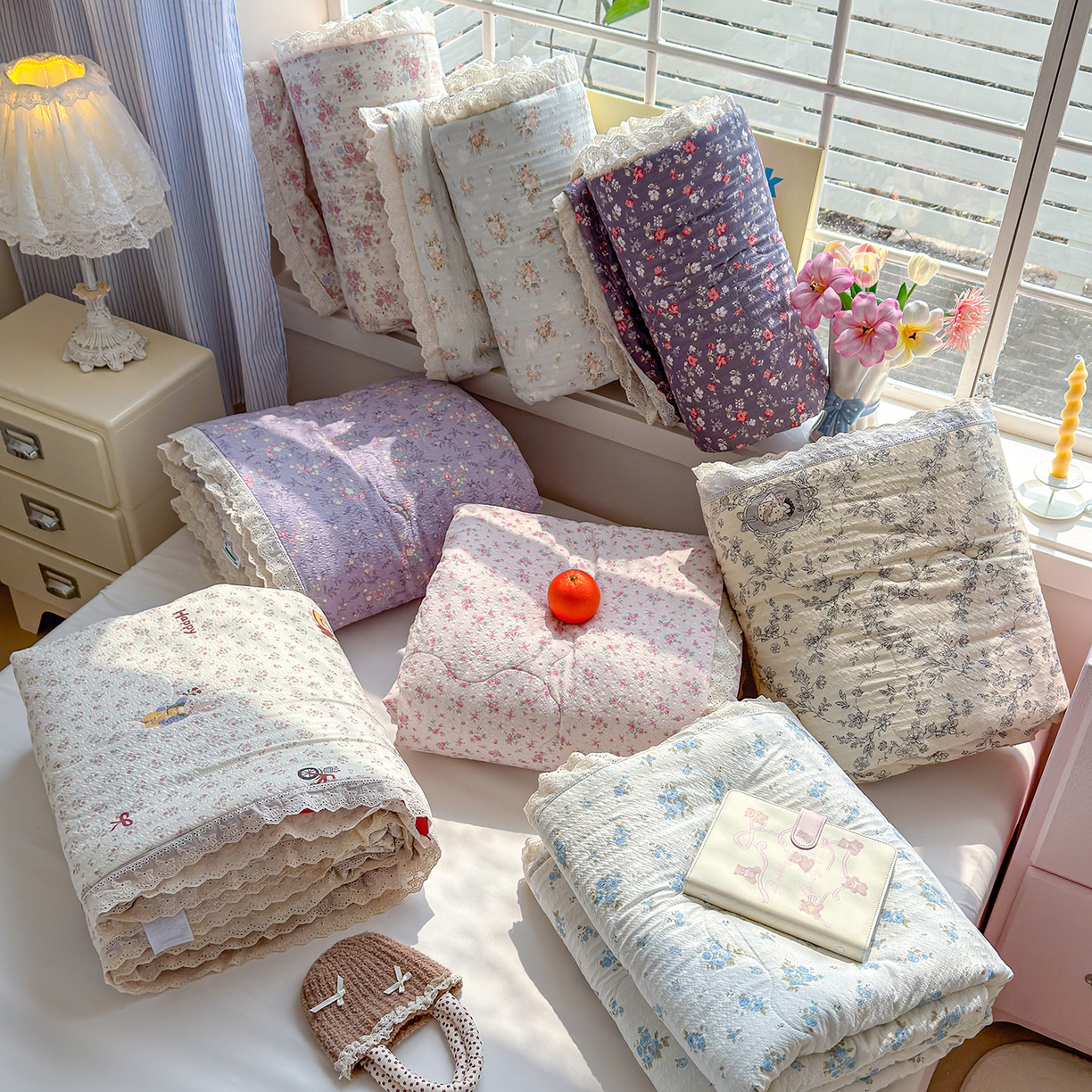 弗苓家纺 2026新款高克重泡芙棉花边款夏被夏凉被空调被四件套小红书推荐-风格一 组合图（仅供展示不可下单）