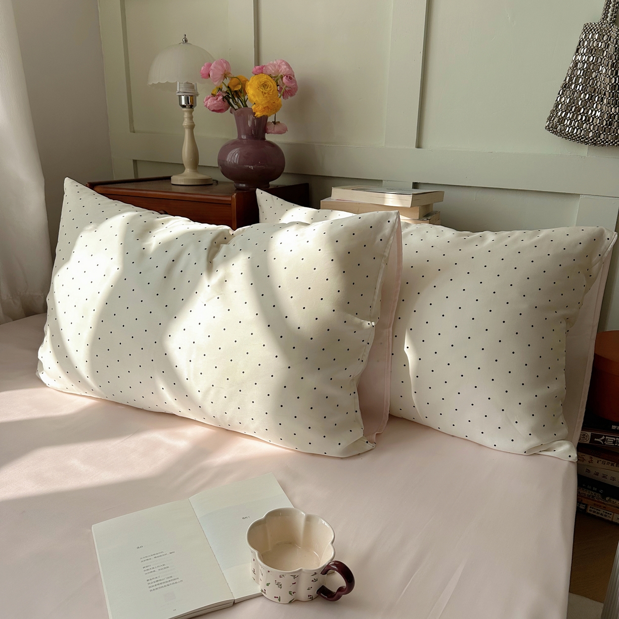 91家纺网 家纺一手货源 找家纺 悦织湾家纺 2026新款亲肤冰丝印花四件套春夏冰爽凉感床上用品三四件套学生宿舍 冰丝-奶油粉波点