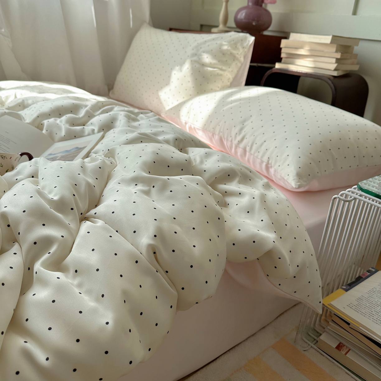 91家纺网 家纺一手货源 找家纺 悦织湾家纺 2026新款亲肤冰丝印花四件套春夏冰爽凉感床上用品三四件套学生宿舍 冰丝-奶油粉波点