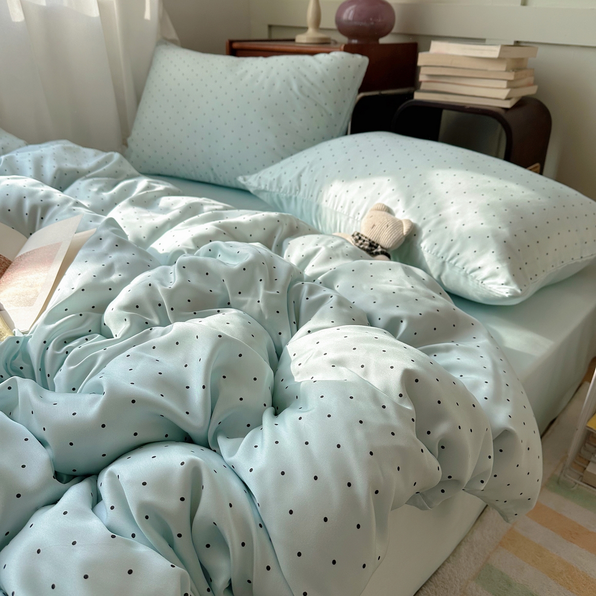 91家纺网 家纺一手货源 找家纺 悦织湾家纺 2026新款亲肤冰丝印花四件套春夏冰爽凉感床上用品三四件套学生宿舍 冰丝-青雾波点