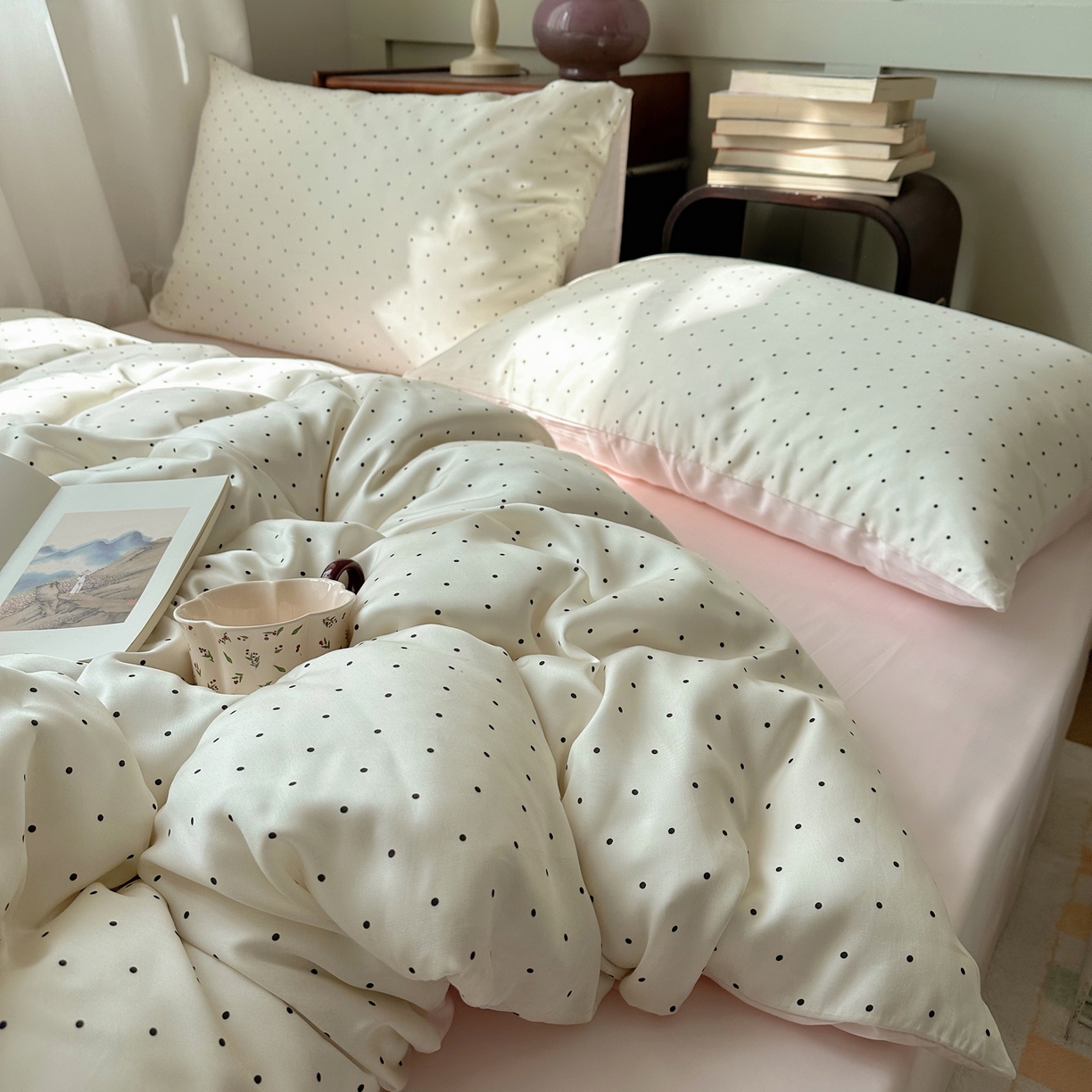 91家纺网 家纺一手货源 找家纺 悦织湾家纺 2026新款亲肤冰丝印花四件套春夏冰爽凉感床上用品三四件套学生宿舍 冰丝-奶油粉波点