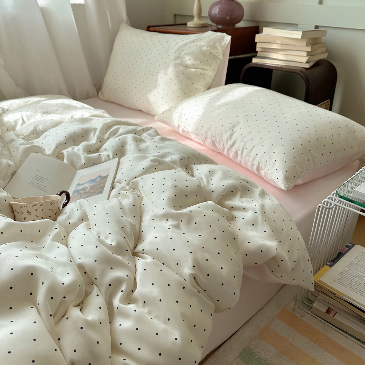 91家纺网 家纺一手货源 找家纺 悦织湾家纺 2026新款亲肤冰丝印花四件套春夏冰爽凉感床上用品三四件套学生宿舍 冰丝-奶油粉波点