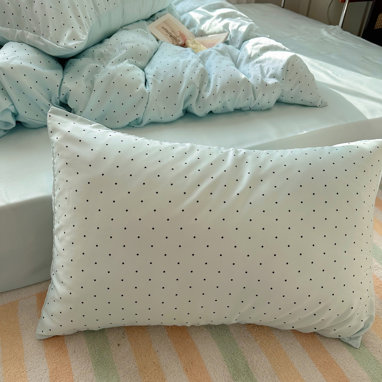 91家纺网 家纺一手货源 找家纺 悦织湾家纺 2026新款亲肤冰丝印花四件套春夏冰爽凉感床上用品三四件套学生宿舍 冰丝-青雾波点