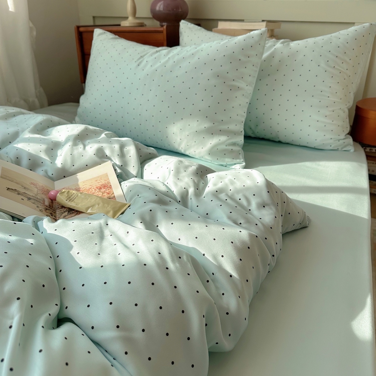 91家纺网 家纺一手货源 找家纺 悦织湾家纺 2026新款亲肤冰丝印花四件套春夏冰爽凉感床上用品三四件套学生宿舍 冰丝-青雾波点