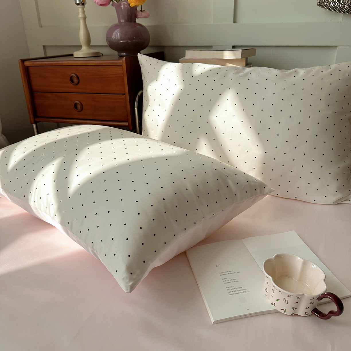 91家纺网 家纺一手货源 找家纺 悦织湾家纺 2026新款亲肤冰丝印花四件套春夏冰爽凉感床上用品三四件套学生宿舍 冰丝-奶油粉波点