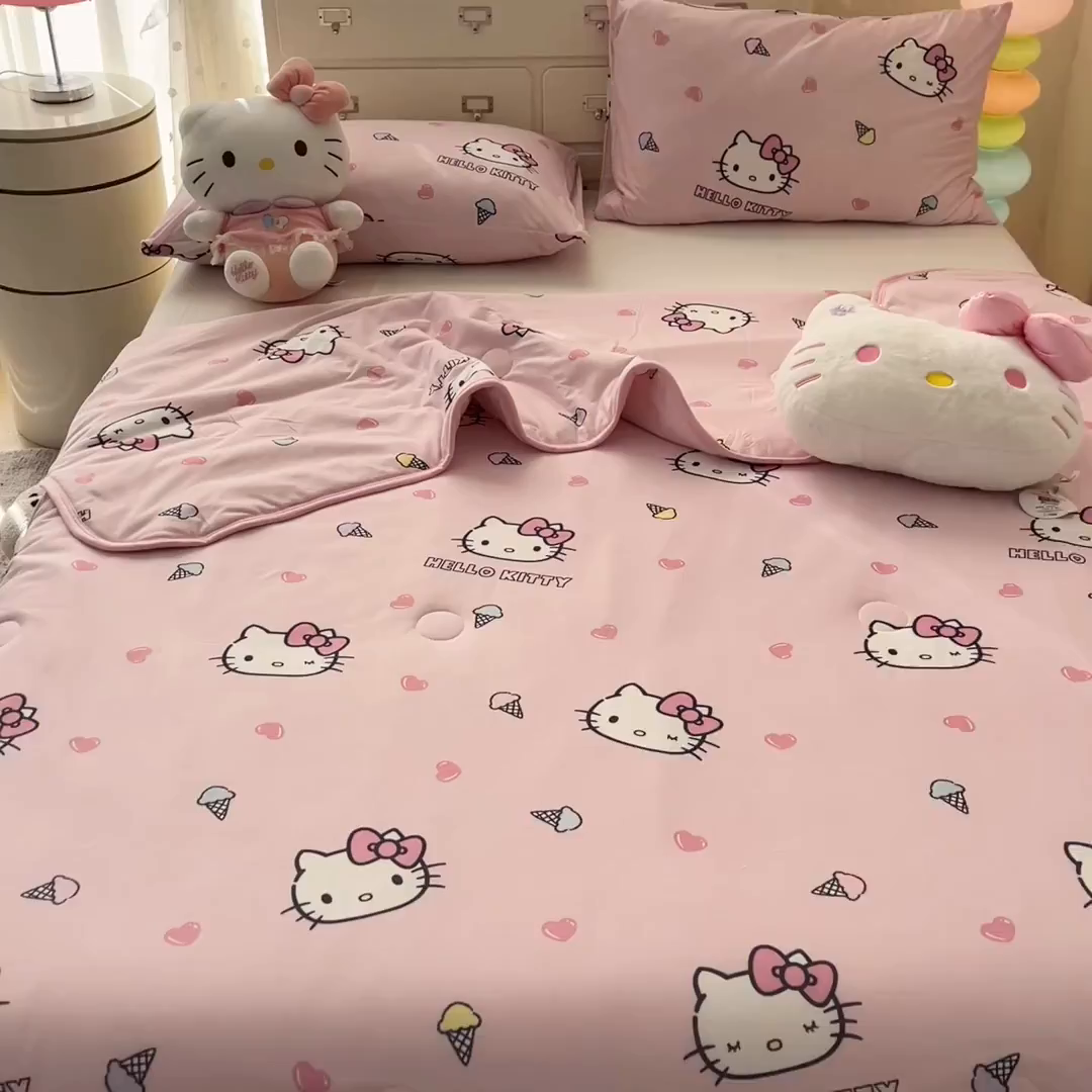 91家纺网 家纺一手货源 找家纺 暮思家居 2026新款正版授权三丽鸥A类仿锦氨小冰皮夏被夏凉被空调被 小冰皮-甜筒KT-粉