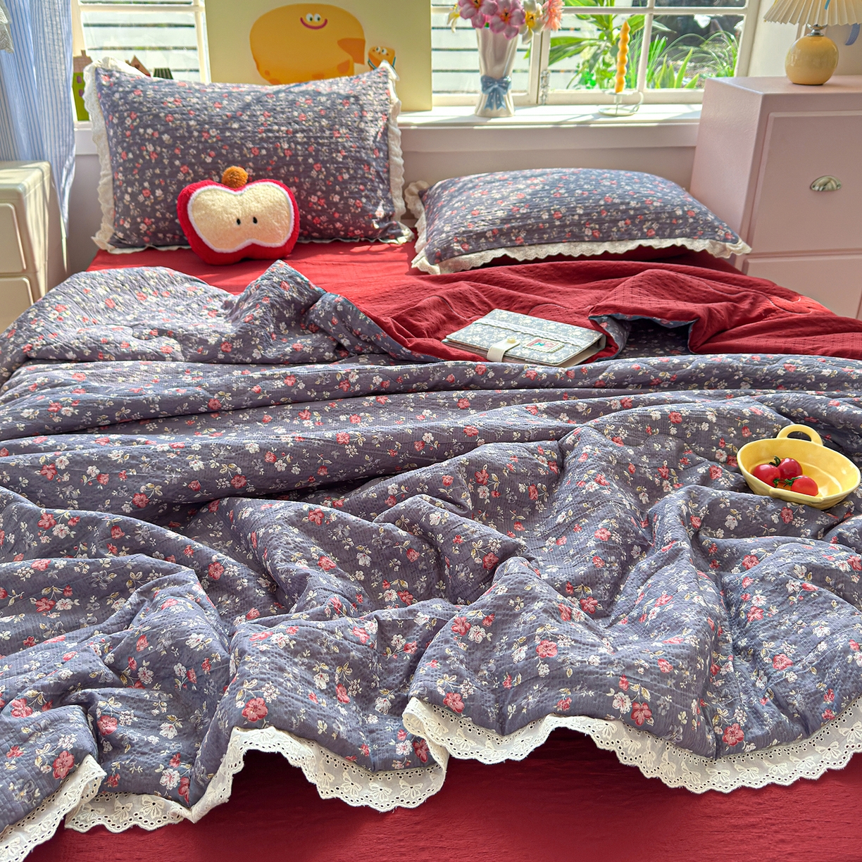 91家纺网 家纺一手货源 找家纺 （总）弗苓家纺 2026新款高克重泡芙棉花边款夏被夏凉被空调被四件套小红书推荐-风格二