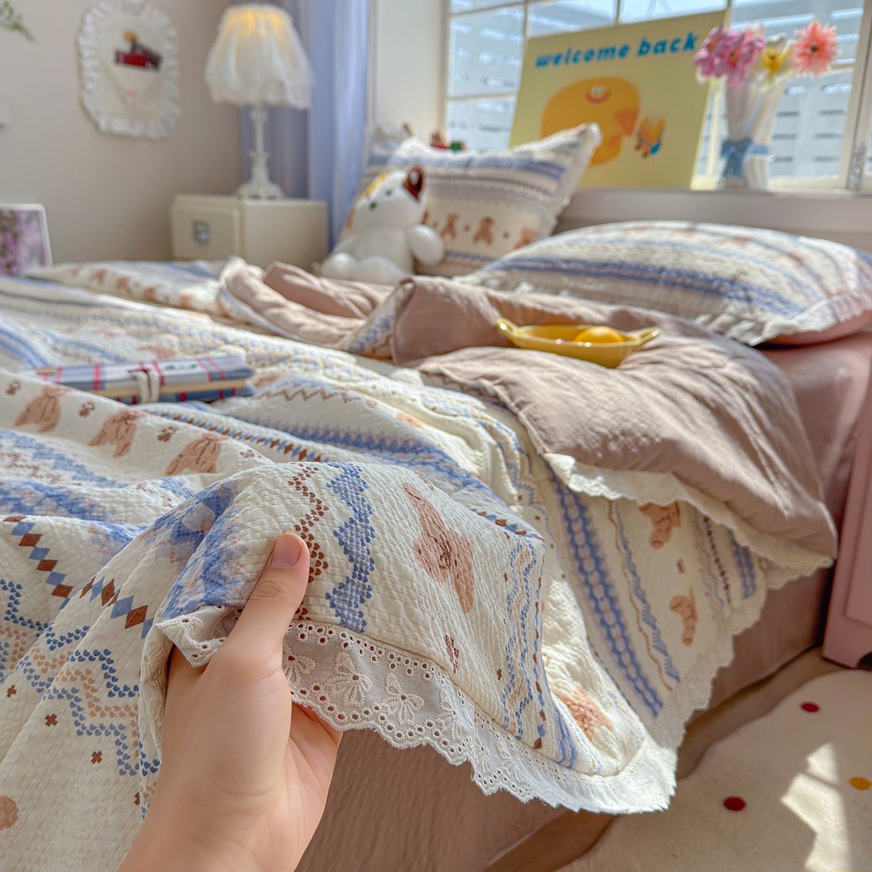 91家纺网 家纺一手货源 找家纺 （总）弗苓家纺 2026新款高克重泡芙棉花边款夏被夏凉被空调被四件套小红书推荐-风格二