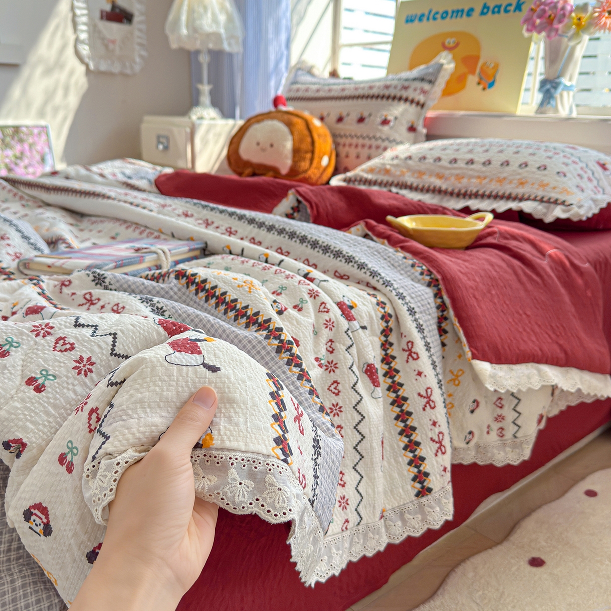 91家纺网 家纺一手货源 找家纺 （总）弗苓家纺 2026新款高克重泡芙棉花边款夏被夏凉被空调被四件套小红书推荐-风格二