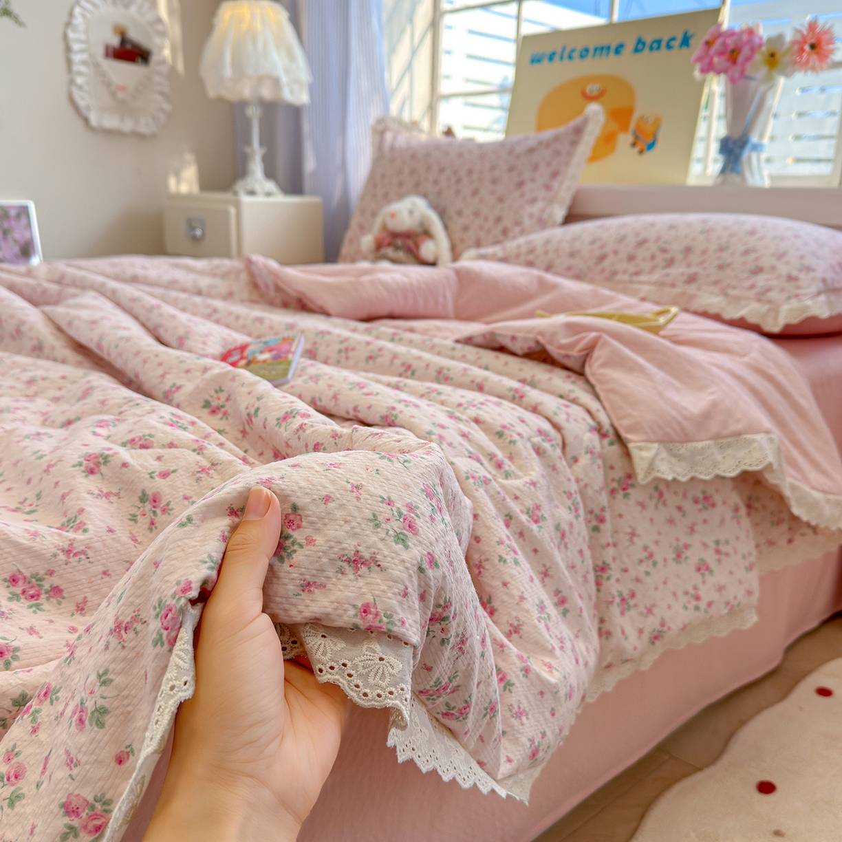 91家纺网 家纺一手货源 找家纺 （总）弗苓家纺 2026新款高克重泡芙棉花边款夏被夏凉被空调被四件套小红书推荐-风格二