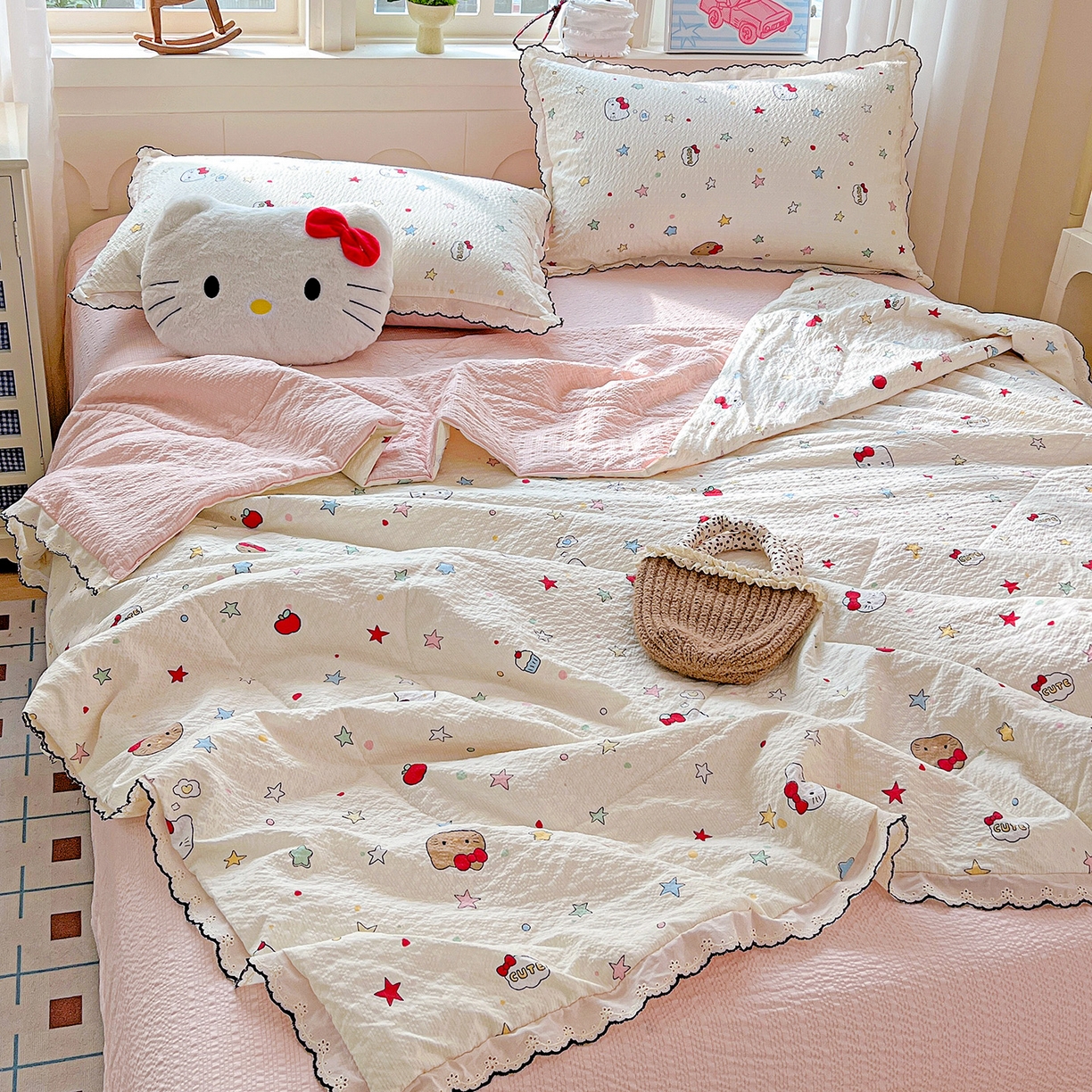 91家纺网 家纺一手货源 找家纺 （总）梵希雅 2026新款泡芙纱纯棉蕾丝花边夏被四件套