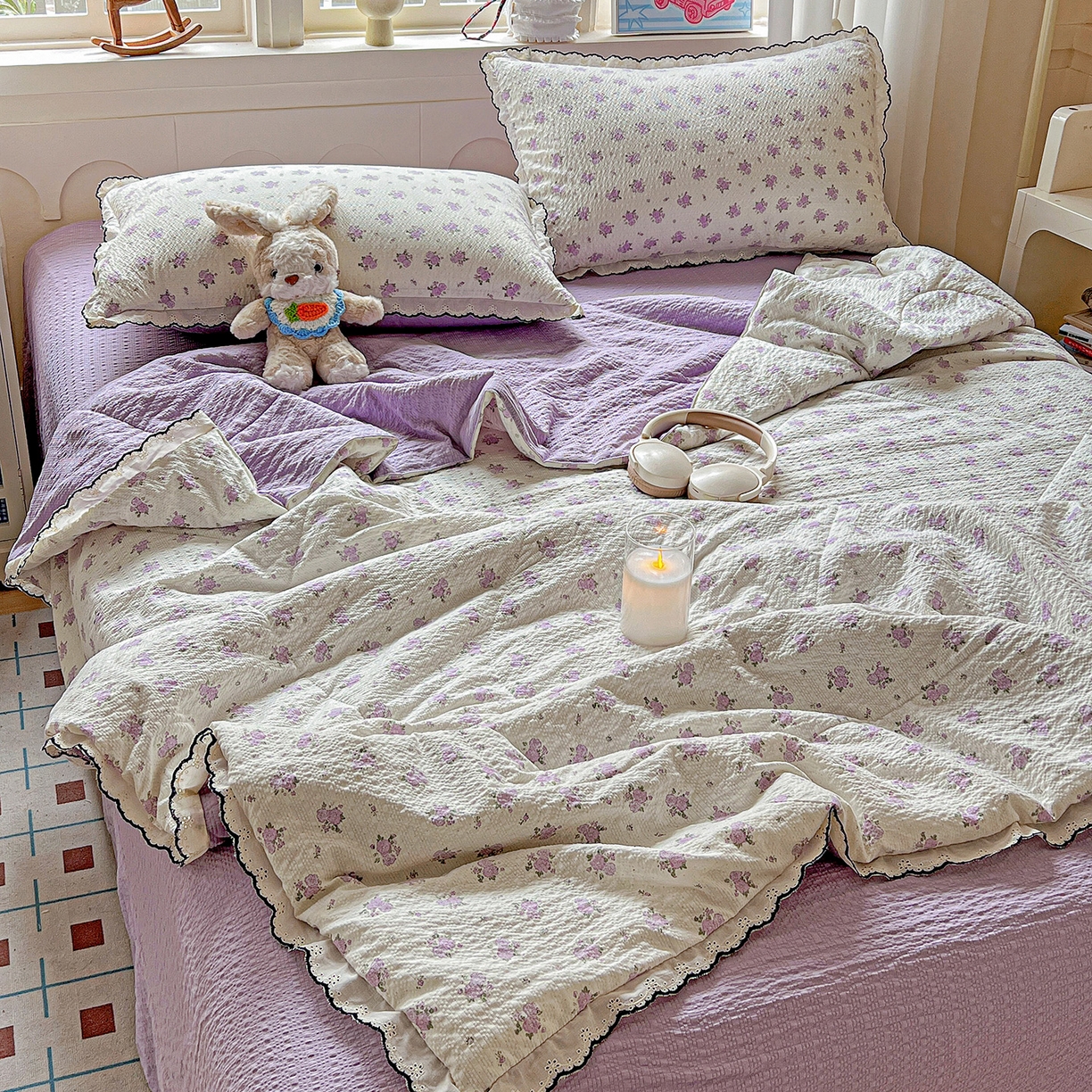 91家纺网 家纺一手货源 找家纺 （总）梵希雅 2026新款泡芙纱纯棉蕾丝花边夏被四件套