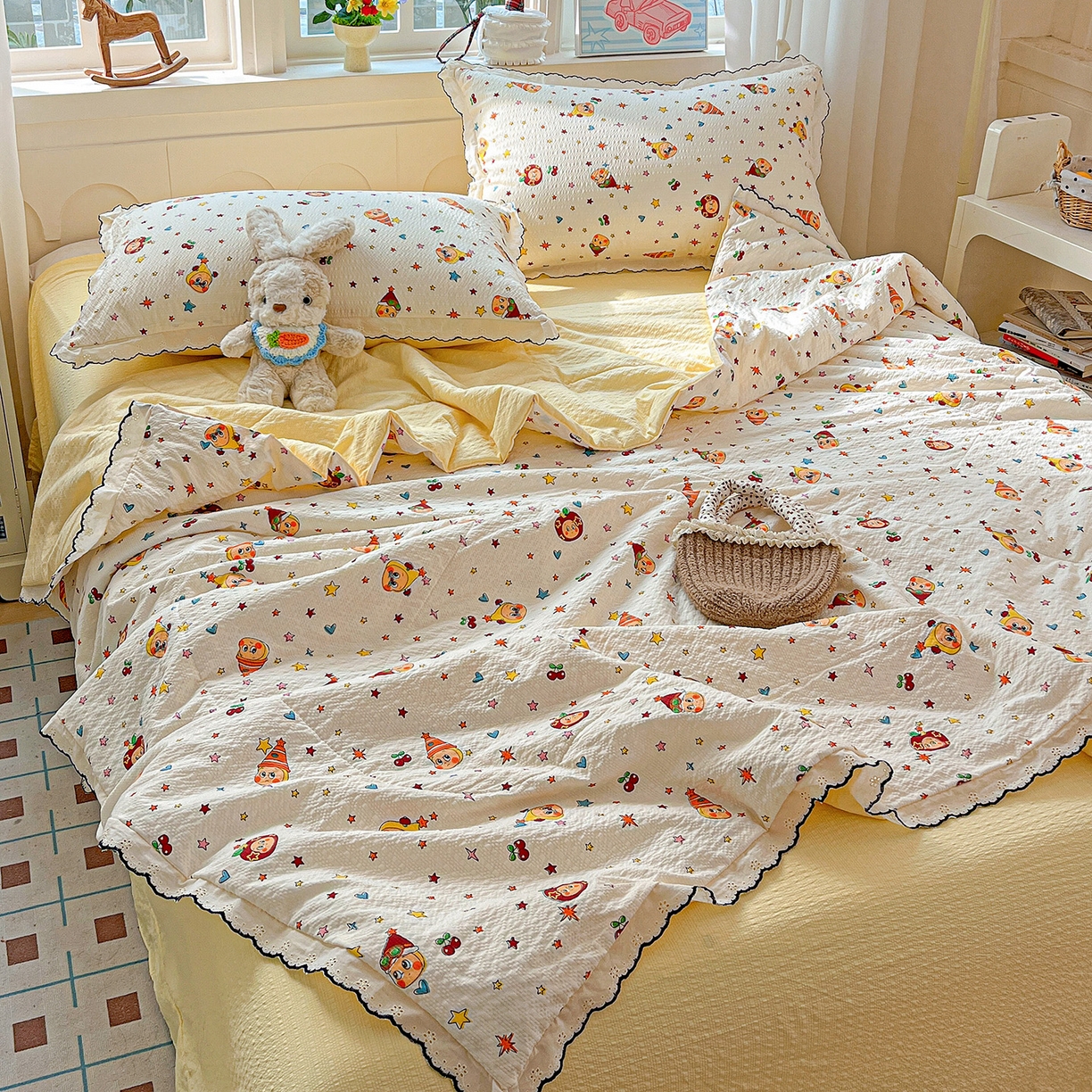 91家纺网 家纺一手货源 找家纺 （总）梵希雅 2026新款泡芙纱纯棉蕾丝花边夏被四件套