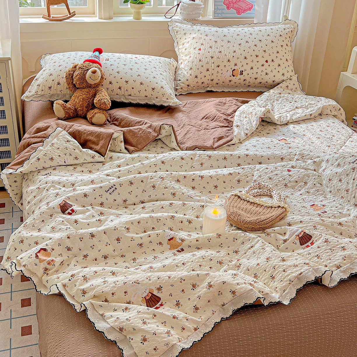 91家纺网 家纺一手货源 找家纺 （总）梵希雅 2026新款泡芙纱纯棉蕾丝花边夏被四件套