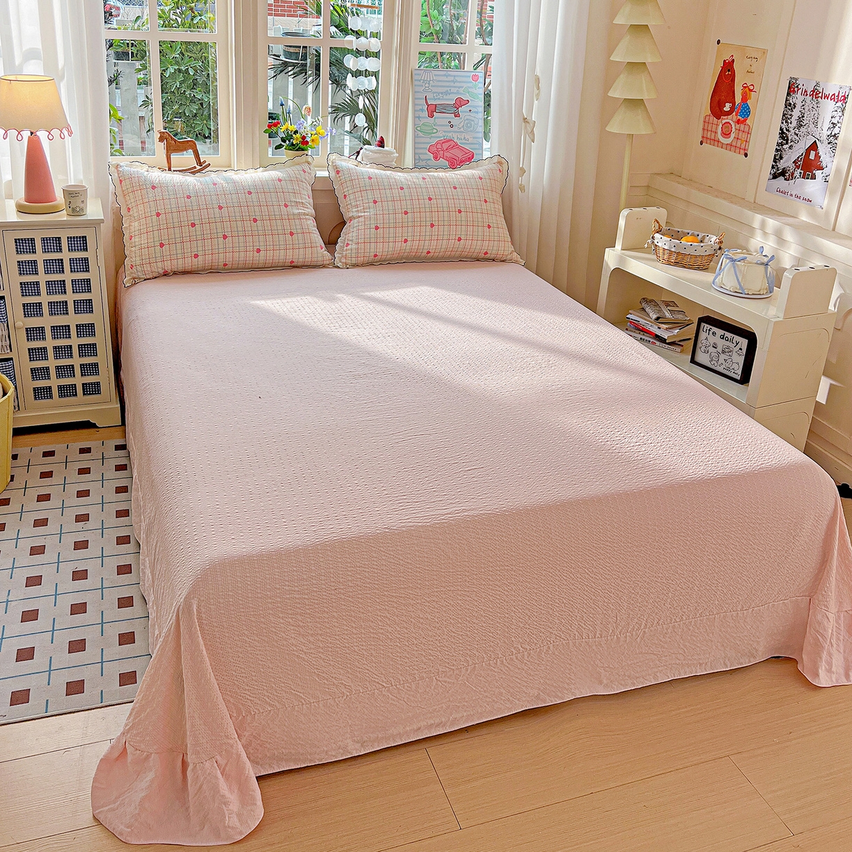 91家纺网 家纺一手货源 找家纺 梵希雅 2026新款泡芙纱纯棉蕾丝花边夏被四件套 格格心