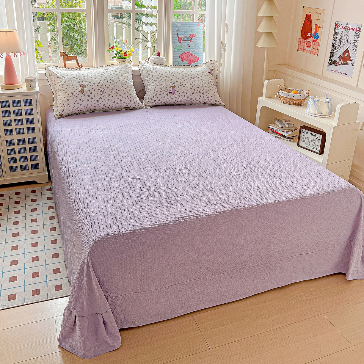 91家纺网 家纺一手货源 找家纺 梵希雅 2026新款泡芙纱纯棉蕾丝花边夏被四件套 片刻小狗