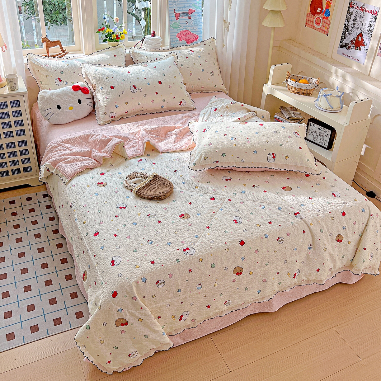 91家纺网 家纺一手货源 找家纺 梵希雅 2026新款泡芙纱纯棉蕾丝花边夏被四件套 星芒凯蒂