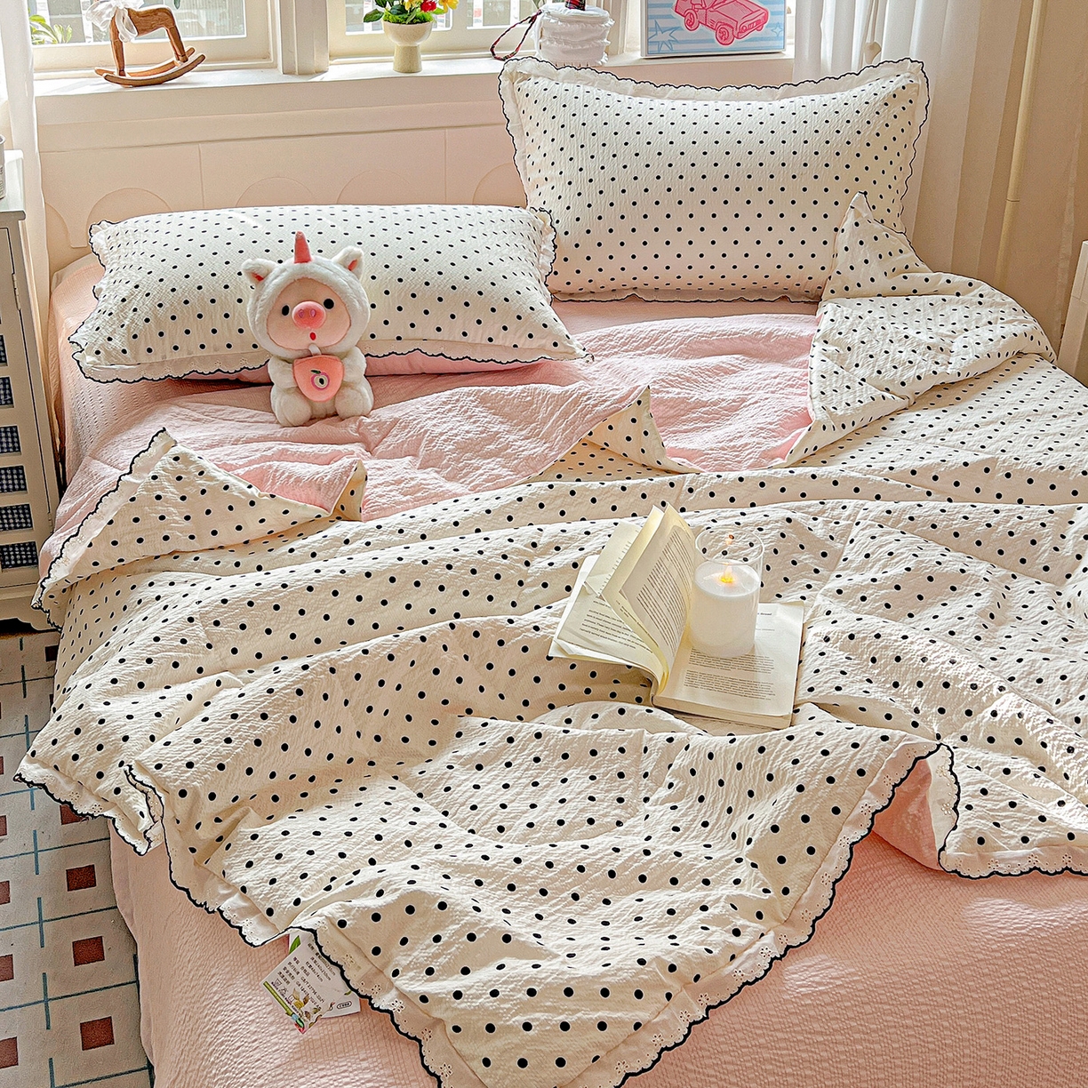 梵希雅 2026新款泡芙纱纯棉蕾丝花边夏被四件套 波点