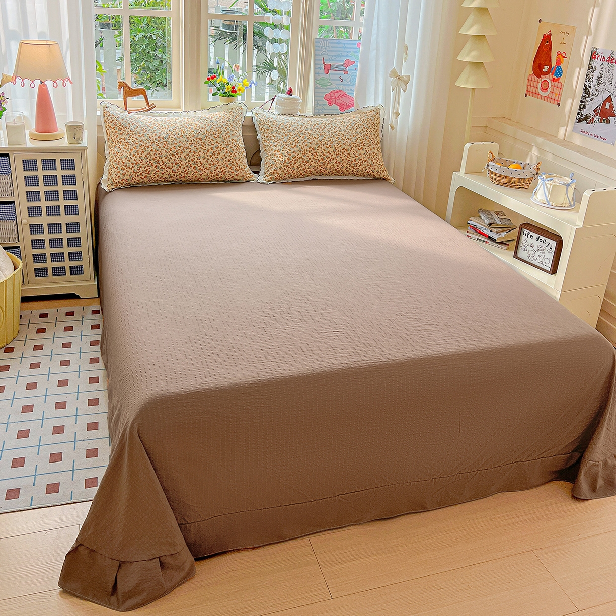 91家纺网 家纺一手货源 找家纺 梵希雅 2026新款泡芙纱纯棉蕾丝花边夏被四件套 暖橘枝