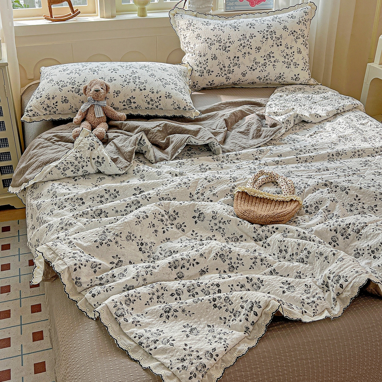 梵希雅 2026新款泡芙纱纯棉蕾丝花边夏被四件套 只闻花香