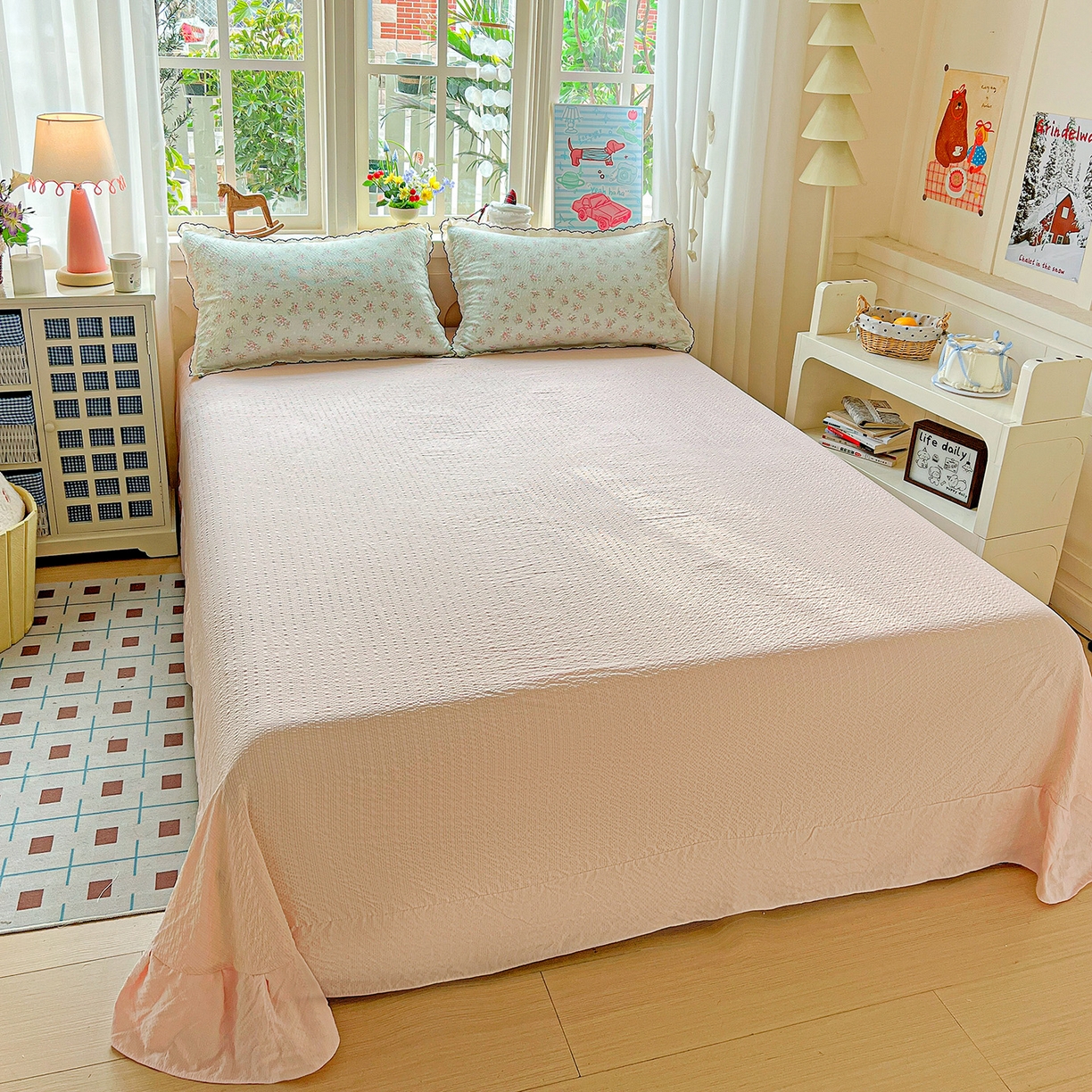 91家纺网 家纺一手货源 找家纺 梵希雅 2026新款泡芙纱纯棉蕾丝花边夏被四件套 花软雾