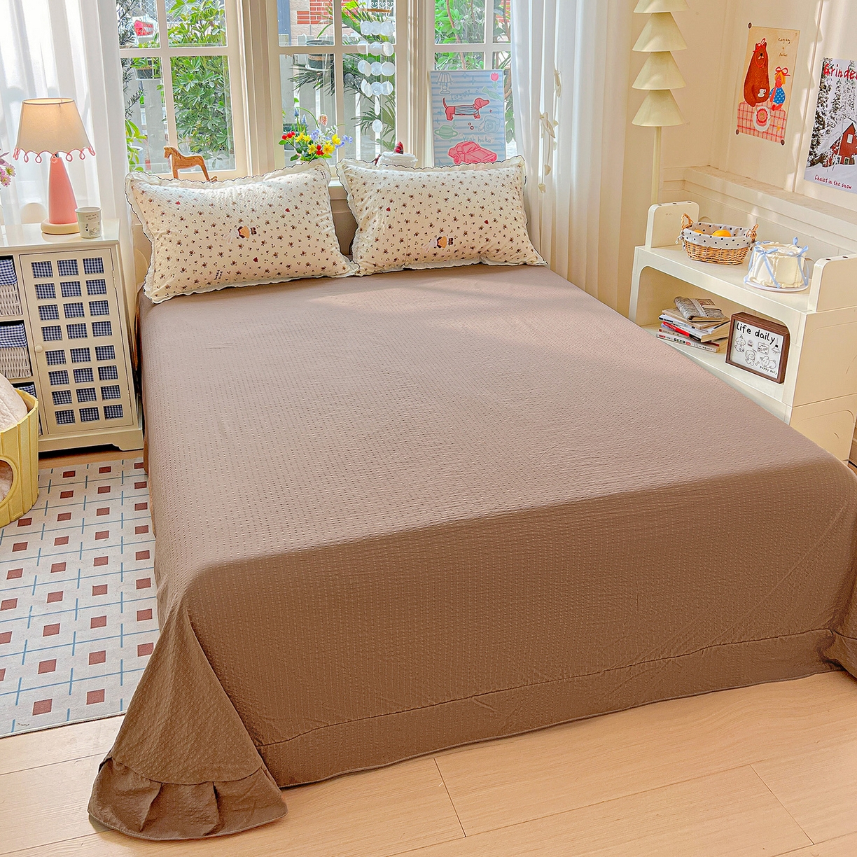 91家纺网 家纺一手货源 找家纺 梵希雅 2026新款泡芙纱纯棉蕾丝花边夏被四件套 田园免