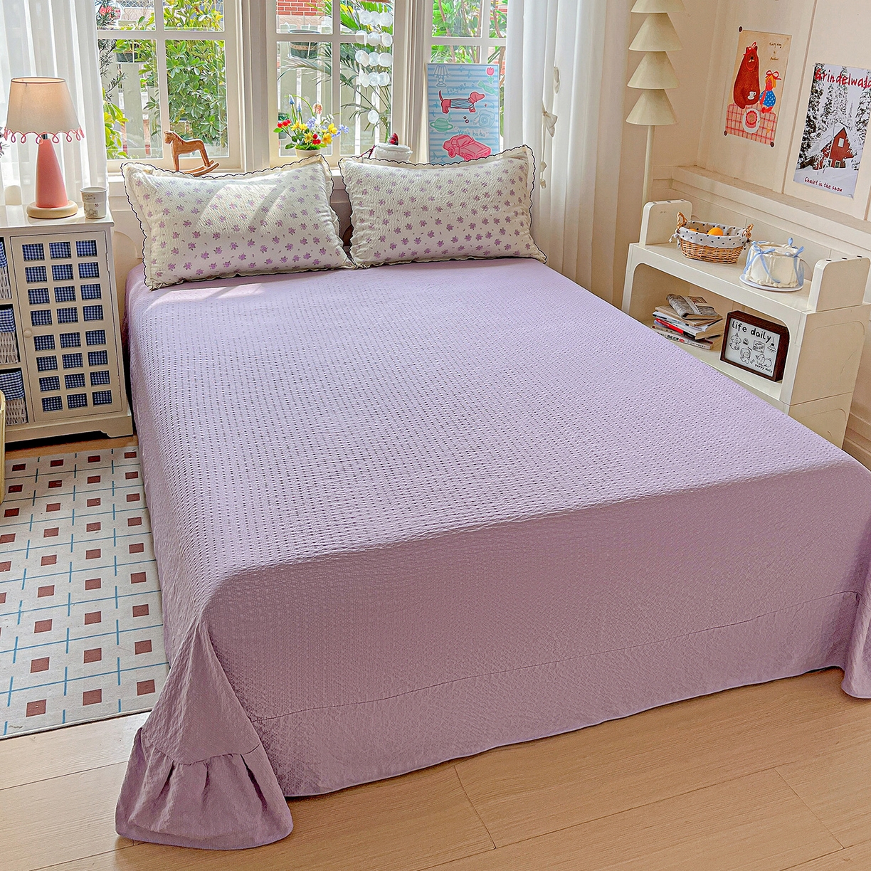 91家纺网 家纺一手货源 找家纺 梵希雅 2026新款泡芙纱纯棉蕾丝花边夏被四件套 芋泥花束