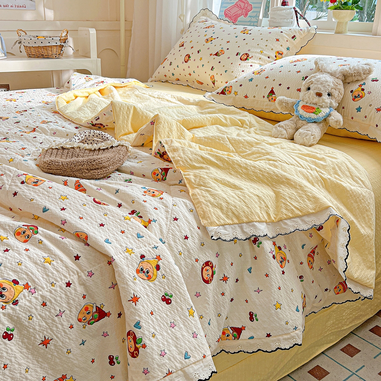 91家纺网 家纺一手货源 找家纺 梵希雅 2026新款泡芙纱纯棉蕾丝花边夏被四件套 星星人