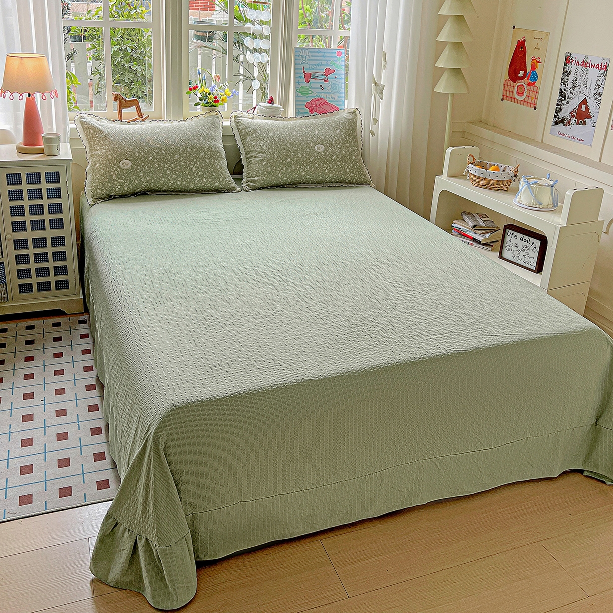 91家纺网 家纺一手货源 找家纺 梵希雅 2026新款泡芙纱纯棉蕾丝花边夏被四件套 蔷薇花