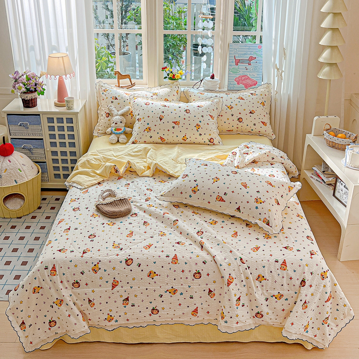 91家纺网 家纺一手货源 找家纺 梵希雅 2026新款泡芙纱纯棉蕾丝花边夏被四件套 星星人