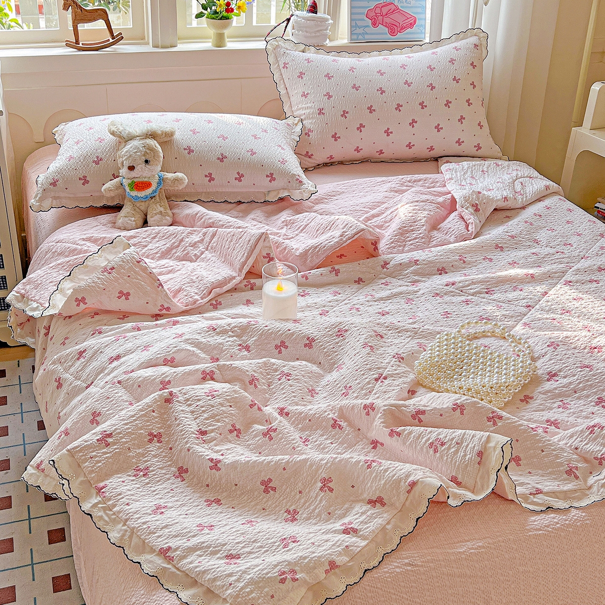 梵希雅 2026新款泡芙纱纯棉蕾丝花边夏被四件套 若梦