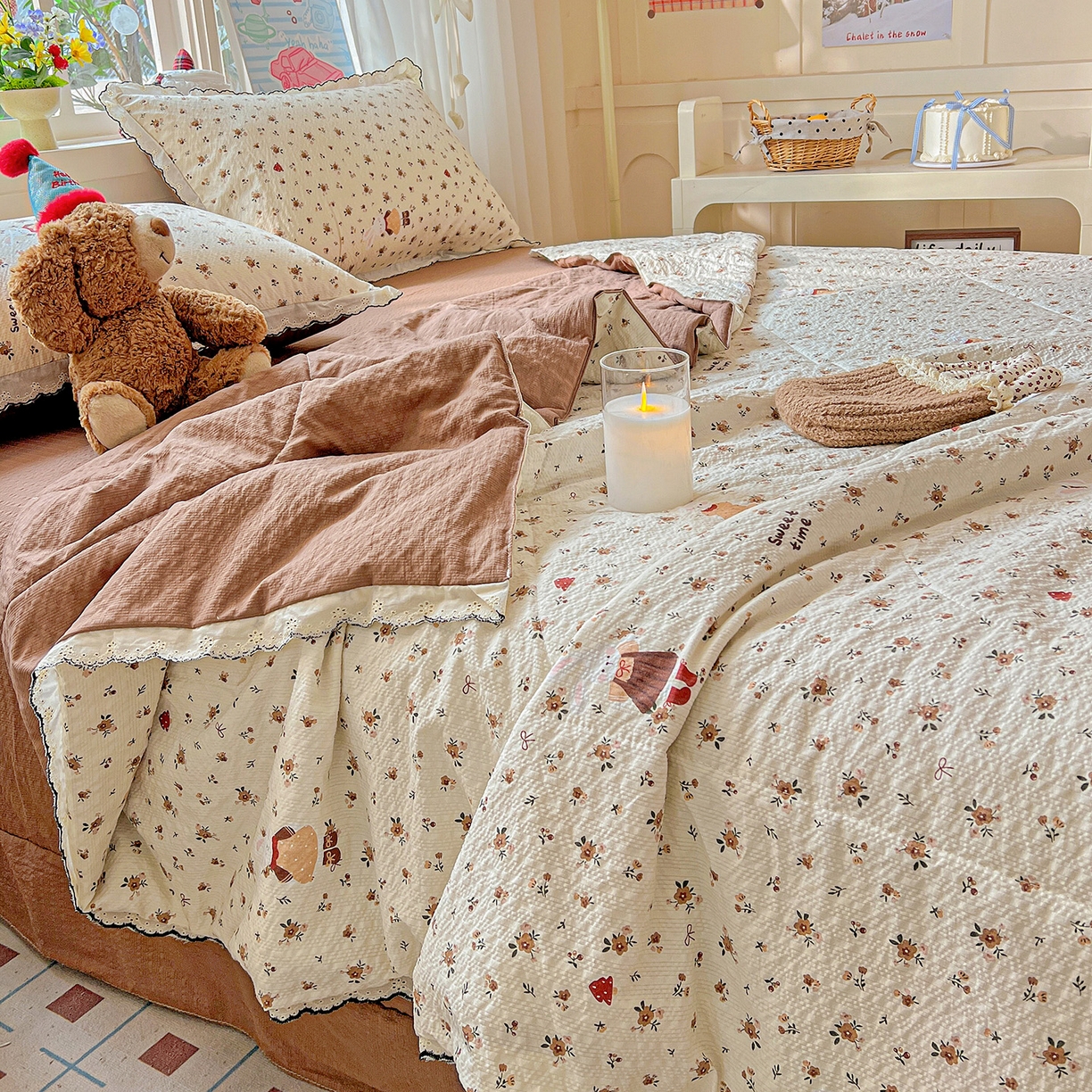 91家纺网 家纺一手货源 找家纺 梵希雅 2026新款泡芙纱纯棉蕾丝花边夏被四件套 田园免