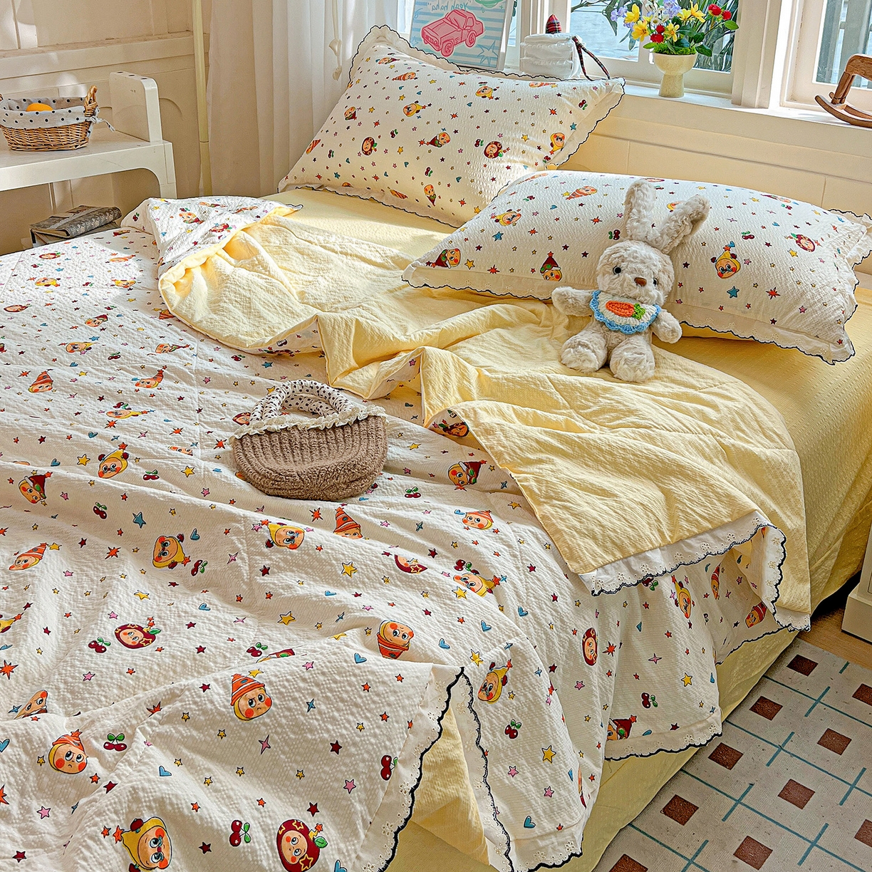 91家纺网 家纺一手货源 找家纺 梵希雅 2026新款泡芙纱纯棉蕾丝花边夏被四件套 星星人